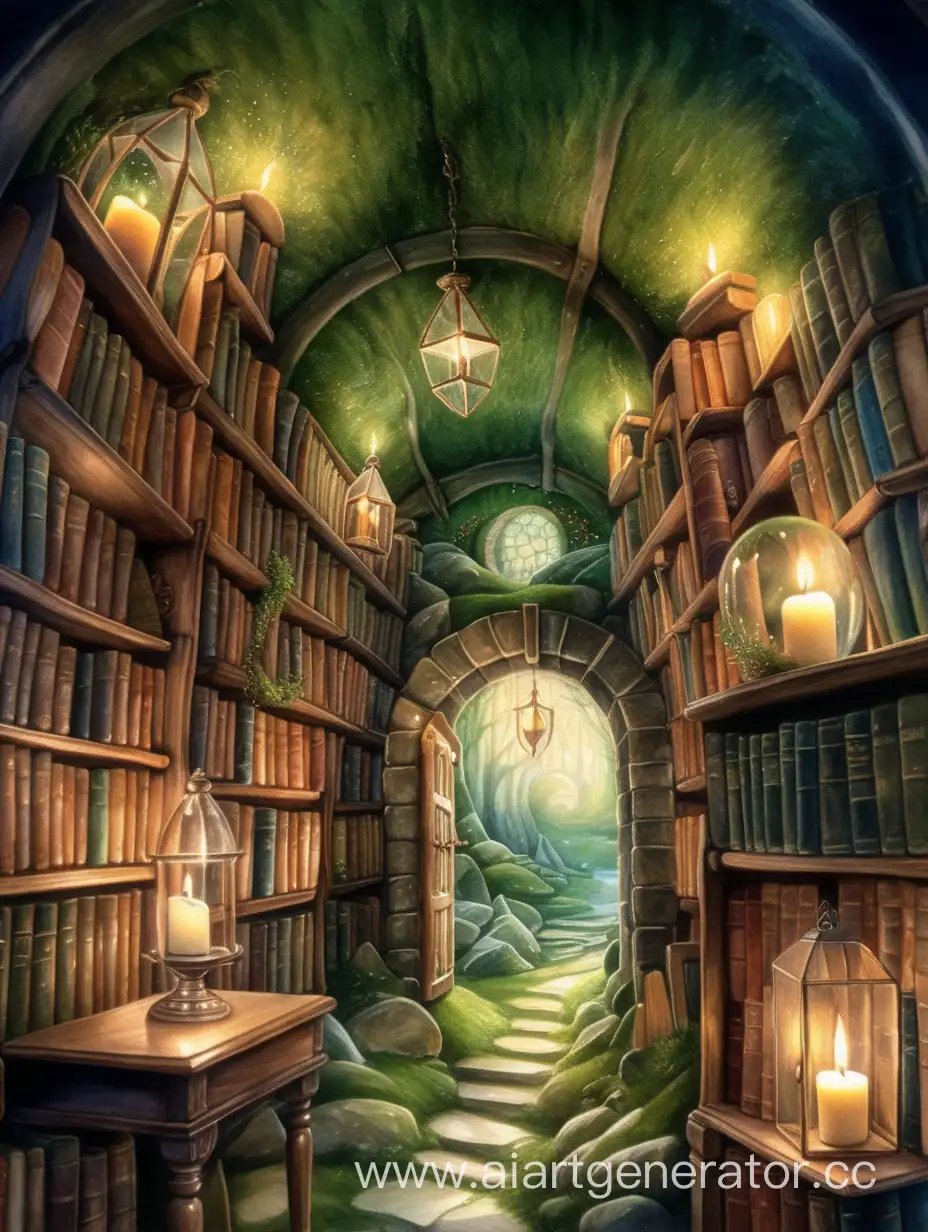 Enchanted-Hobbit-Library-with-Glowing-Tunnel-of-Antique-Books