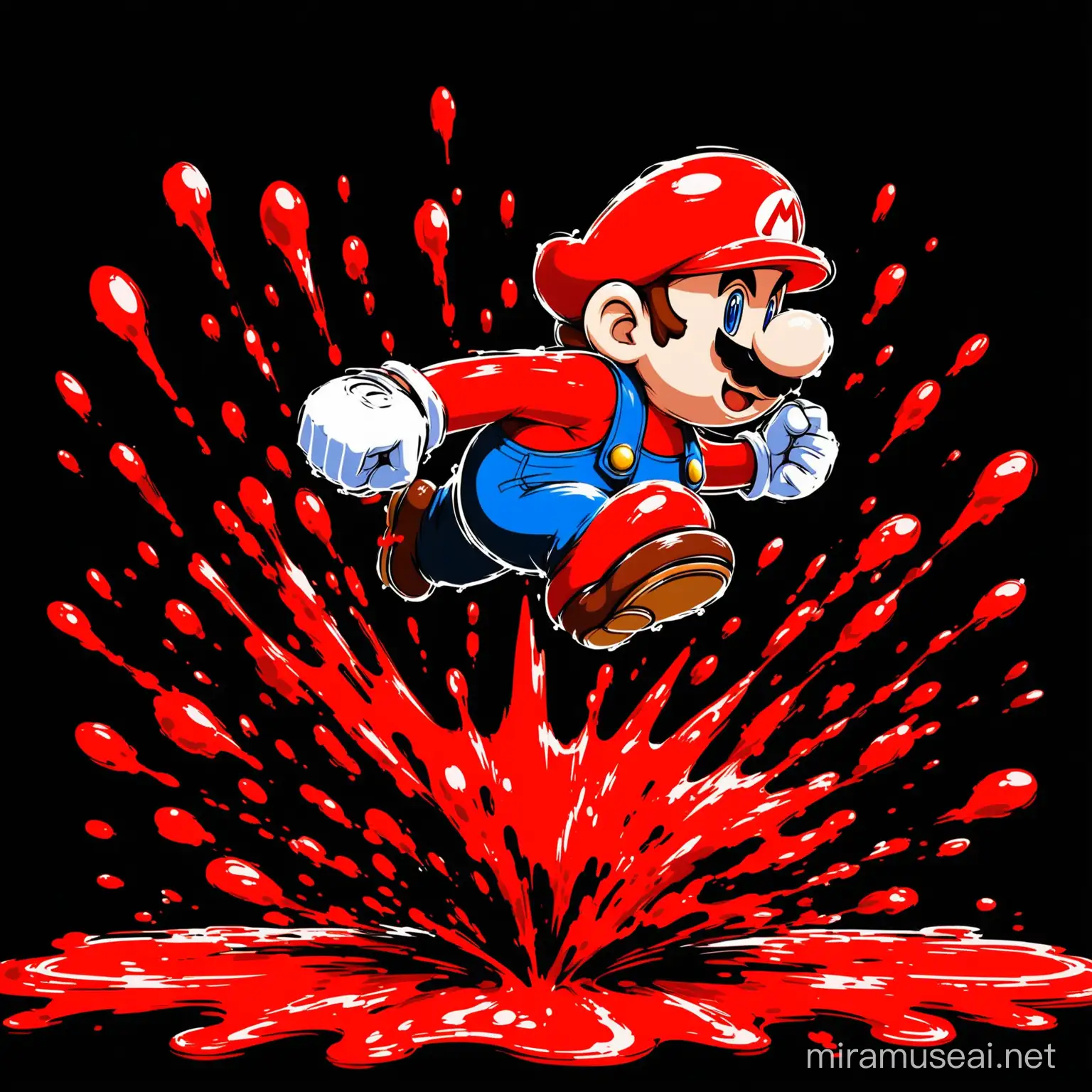 fantasy cartone animato. Super Mario Bros corre. sfondo nero, spruzzi di vernice rossa. 