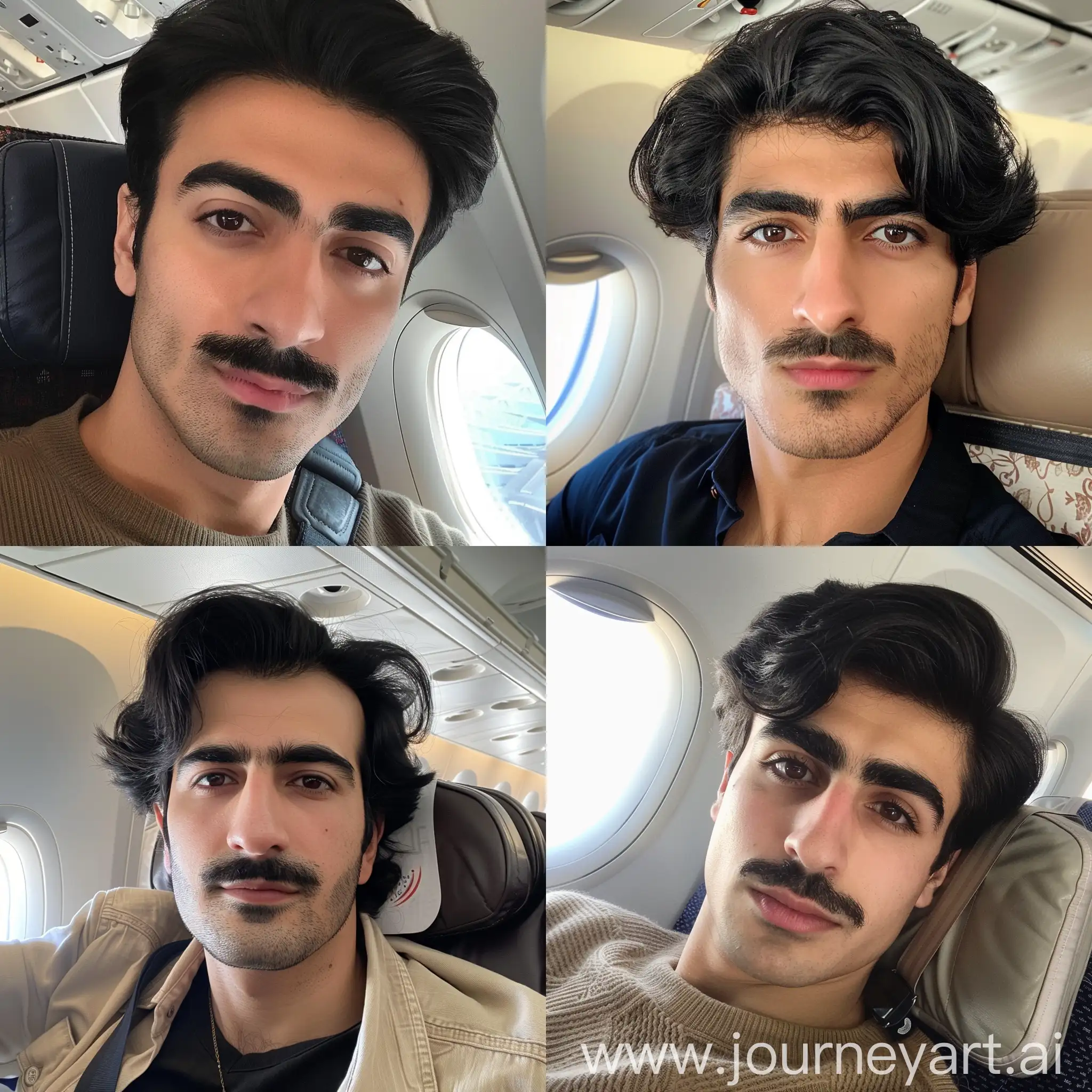 Красивый смуглый иранский парень с чёрными волосами, карими глазами и усами летит в самолёте, следующим по маршруту Бендер-Аббас - Дубай