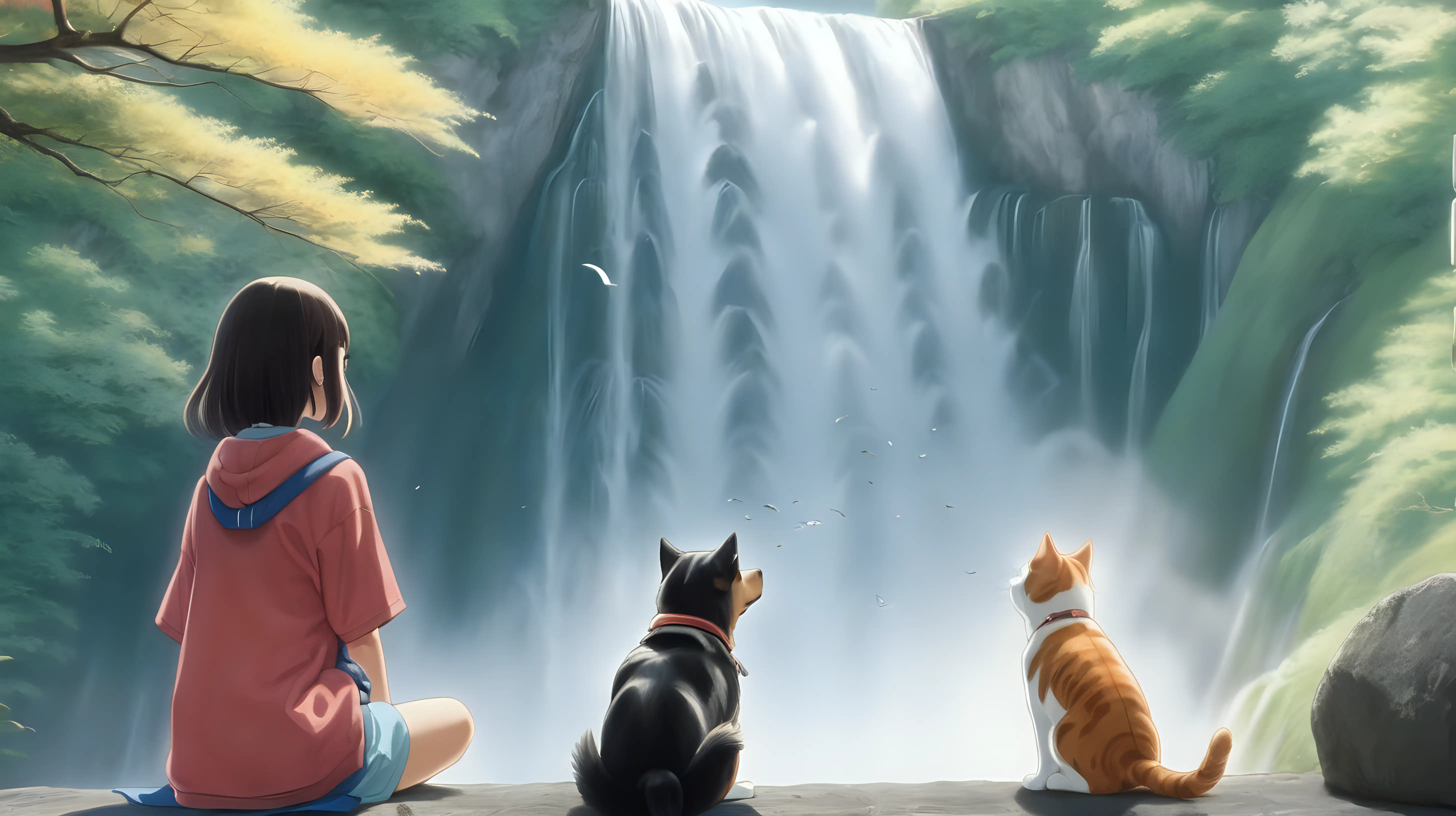 japanese anime inspired, girl watching waterfall with dog and cat, extreme long shot 