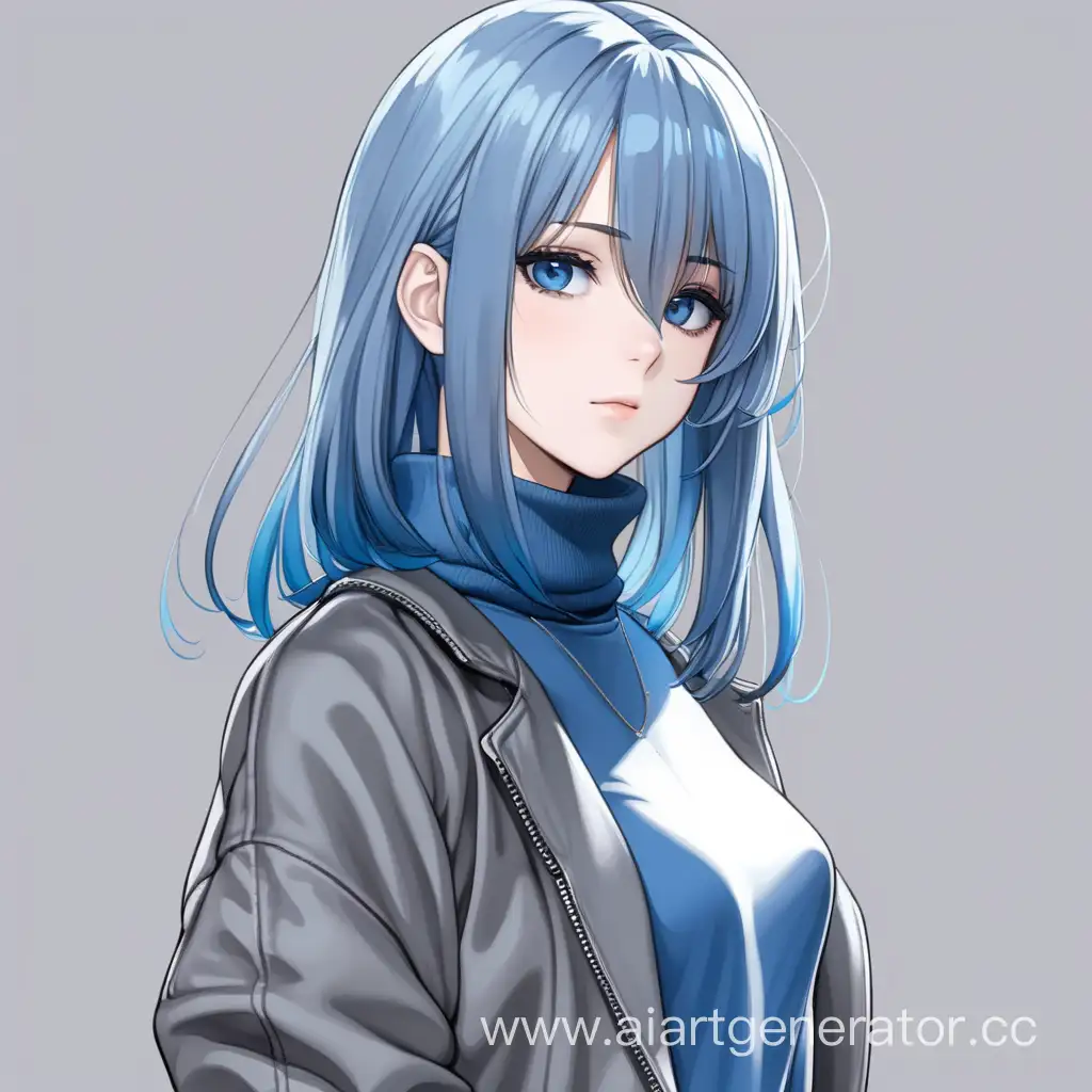 girl, blue straight shoulder-length hair, no bangs, blue eyes, dressed in a gray turtleneck and blue jeans, she looks mature, she has a sly look, anime style