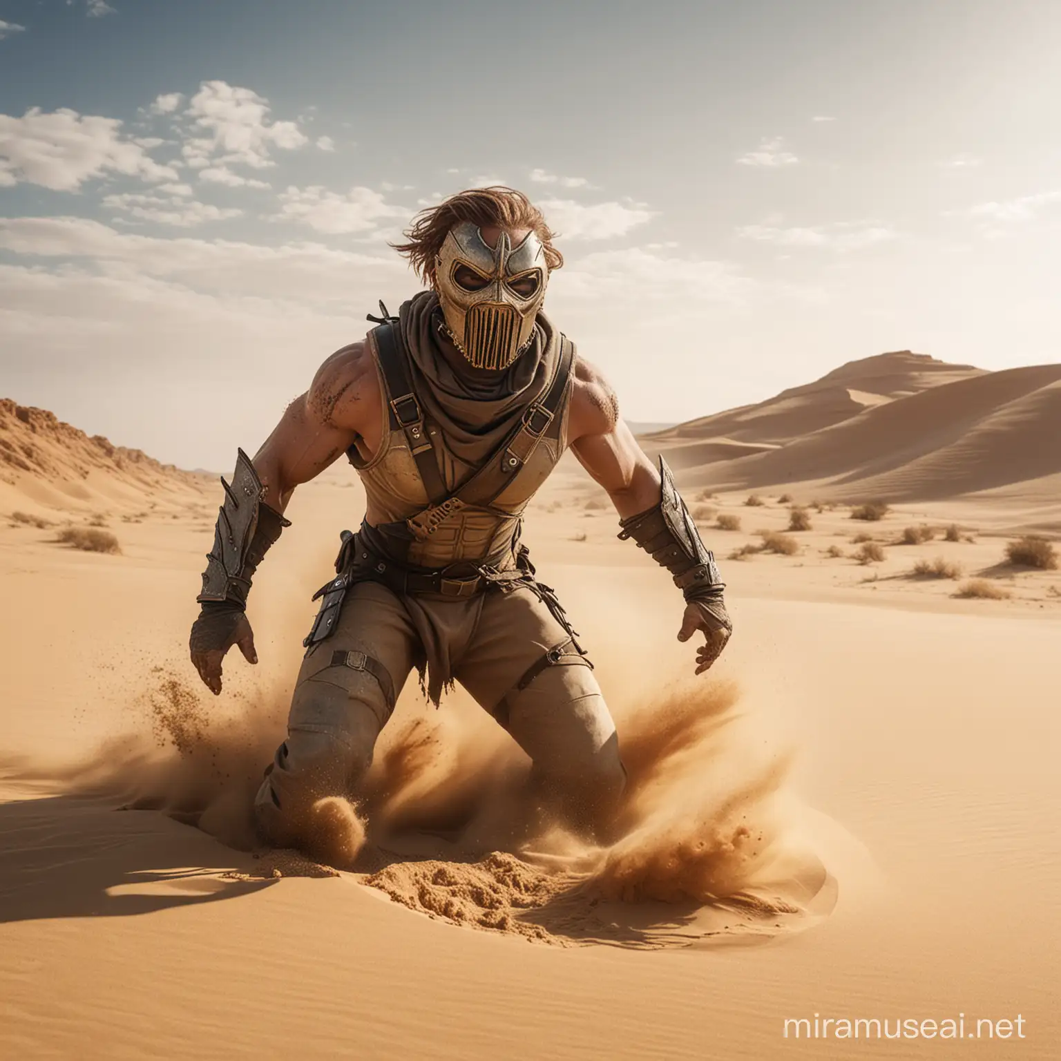 mutant warrior in a mask emerging from under the sand in the air in a desert