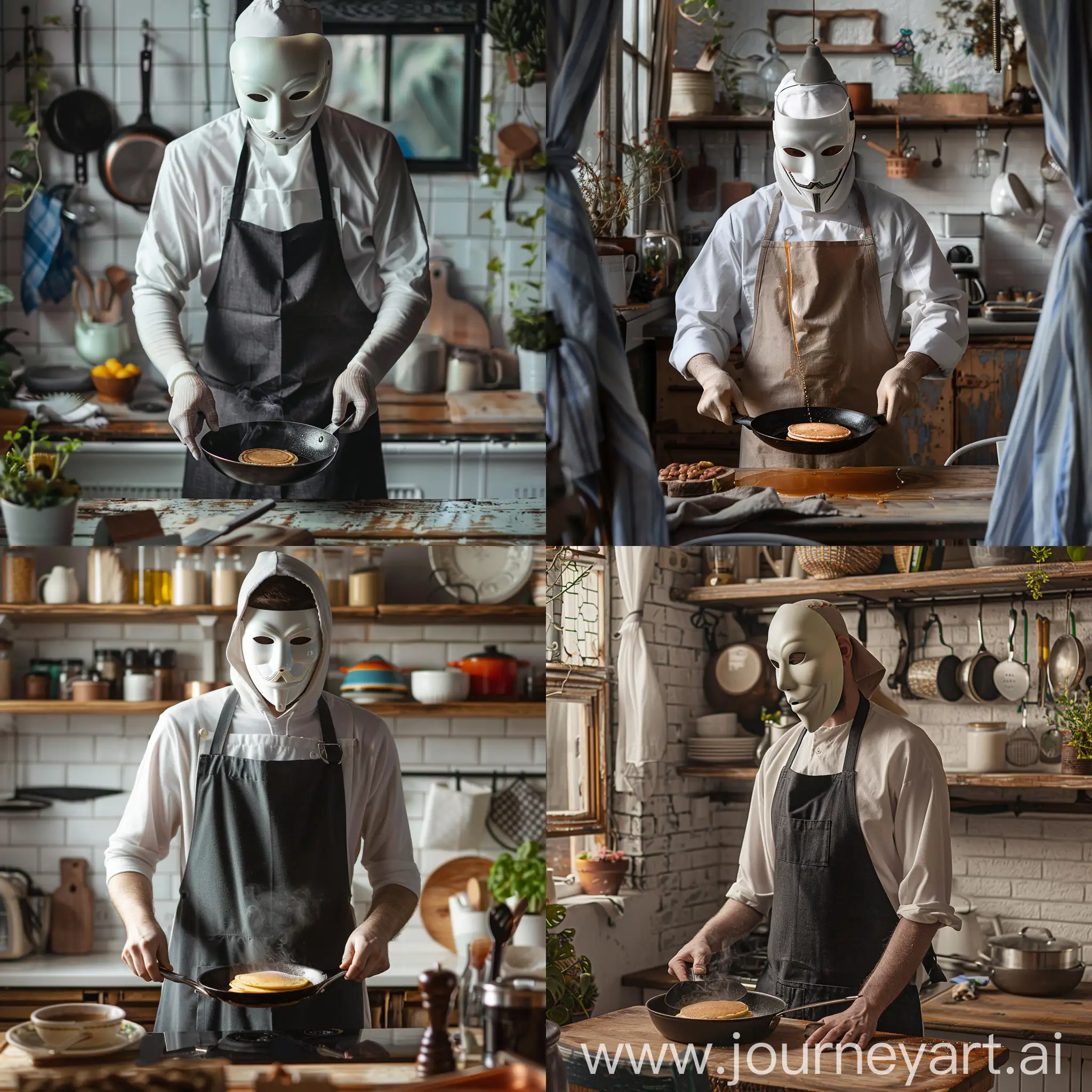 Anonymous-Masked-Chef-Cooking-Pancakes-in-a-Charming-Kitchen