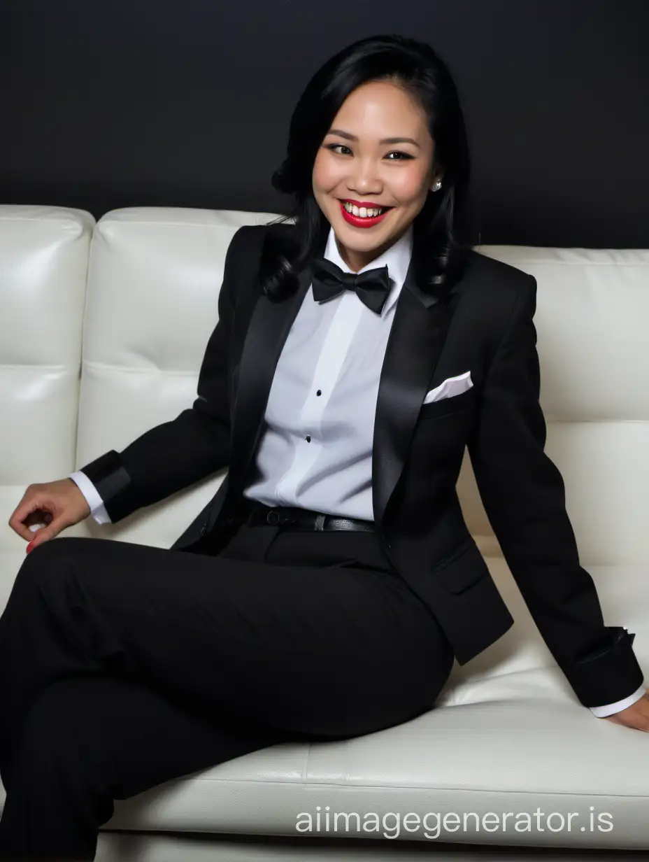 It is a dark room.  A beautiful smiling and laughing vietnamese woman with tan skin, long black hair, and lipstick, mid-thirties of age, is lying on a couch. She is wearing a tuxedo with a black jacket and black pants.  Her shirt is white with double french cuffs and a wing collar.  Her bowtie is black.   Her cufflinks are large and black.  Her jacket is open. 