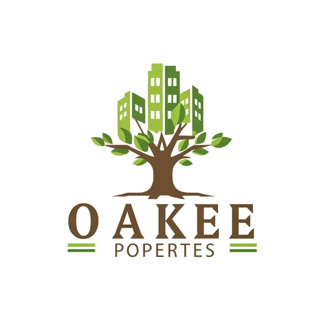 logo, A tree where the trunk is actually a building, with the text "Oake Properties", typography.