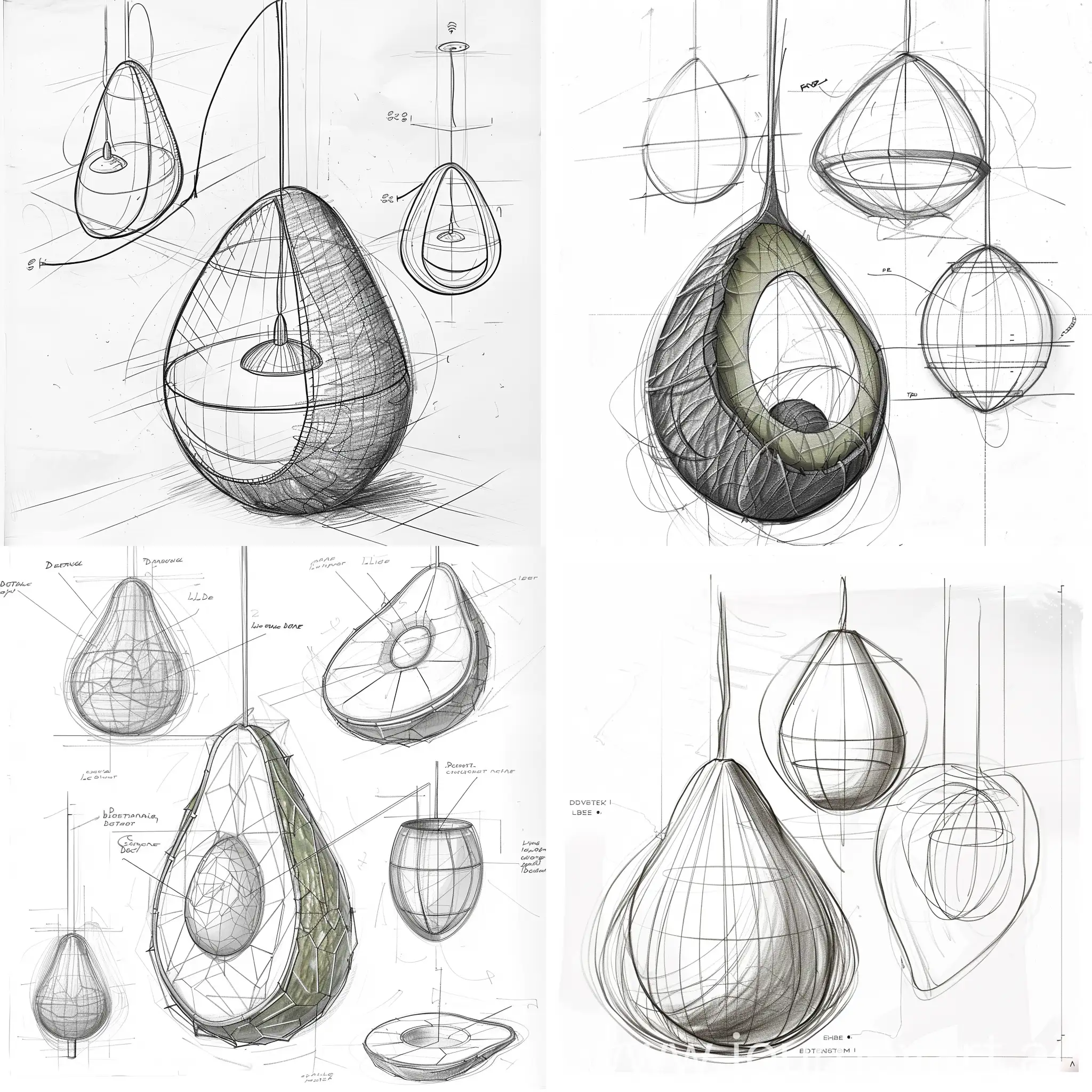 Hand-drawn product design, lighting design, extract avocado shape, craft lines, simplicity, line extraction, Tumbler lighting design sketch
Bionic its texture bionic modeling deductive change process, modeling source, modeling change, refinement, summary process, how to draw lamps, chandeliers, drawing reference, product design sketch, white background, front view, side view, rear view, wire frame, sketch from different angles, pencil line manuscript, each program should present form source and intent, and form change deliberation process; And how to reconstruct and evolve primitive body forms. Main view detail
