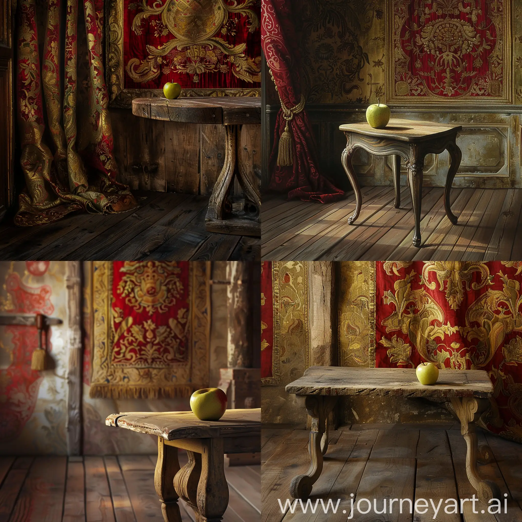 an apple on a table made of wood in a room with red and gold tapestry