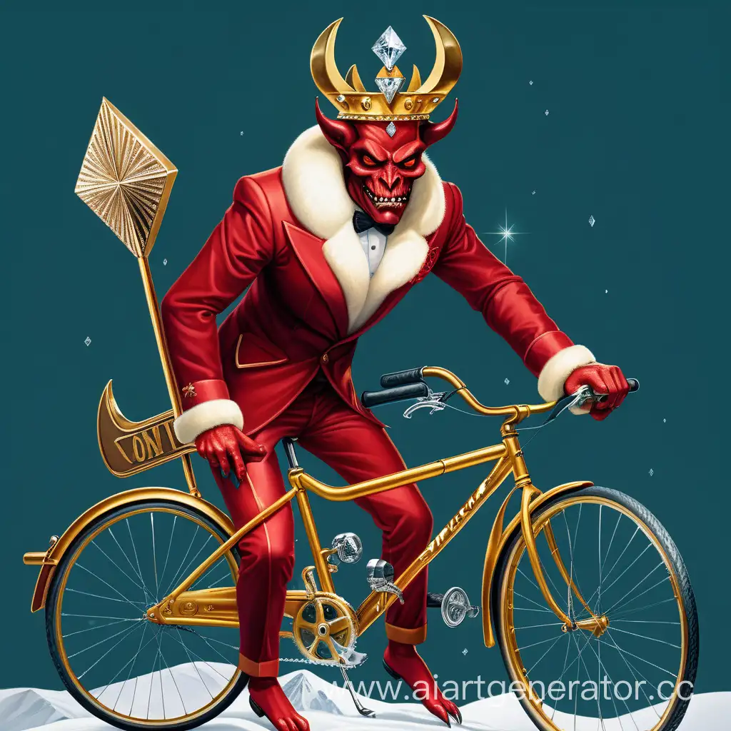 A stunningly dressed and luxurious DEVIL with skis in hand on a bicycle in golden attire with a diamond crown on the head