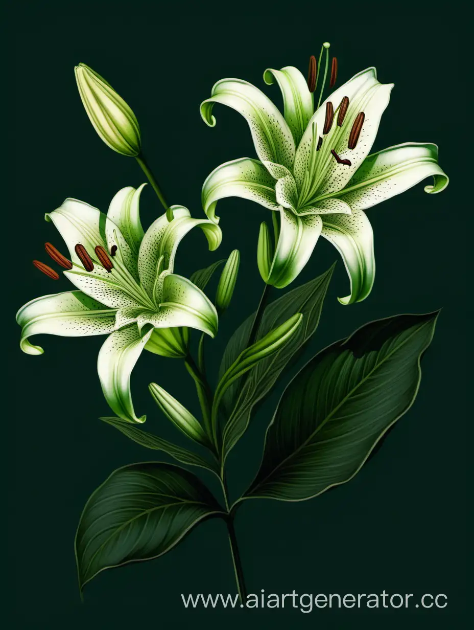 Botanical wild green Lily flower on dark green background