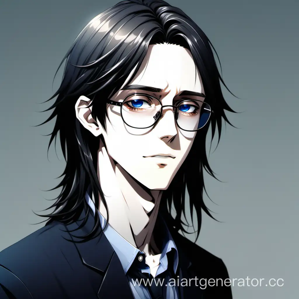 Anorexic boy anime with white skin dark long hair eyeglasses European portrait 