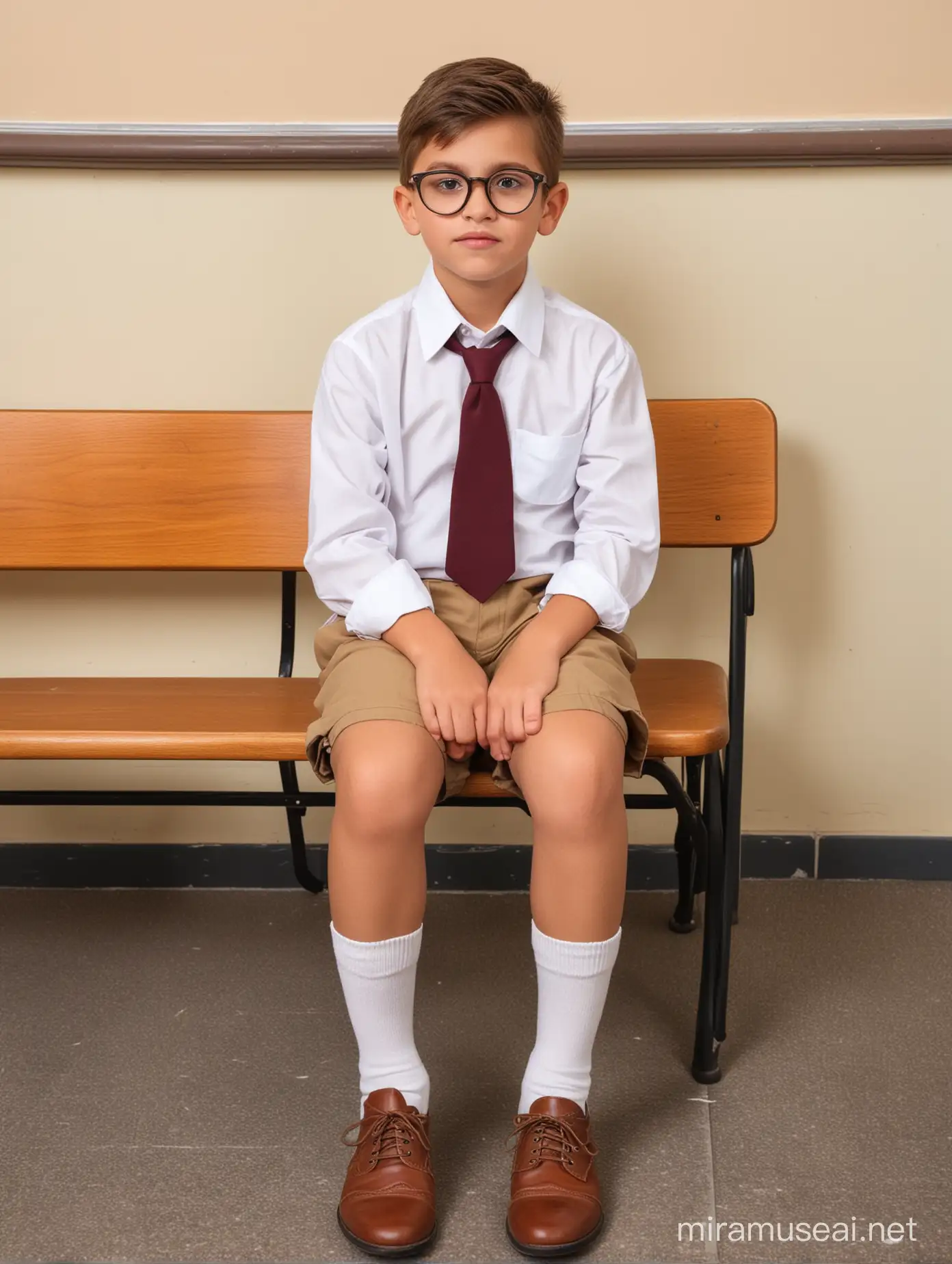 one old fashion child sitting in his seat in the school, he has large socks, brown shorts, glasses and white shirt, he looks at you uncomfortable