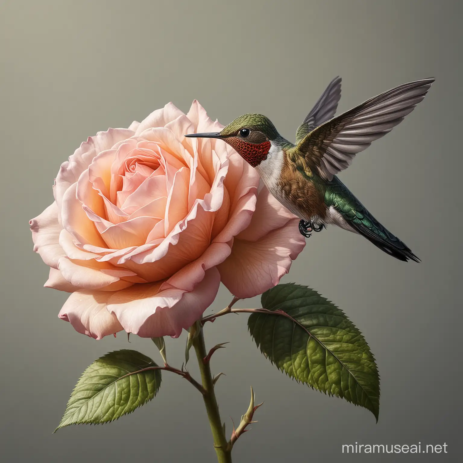 Realistic Botanical Rose with Hummingbird and Detailed Light