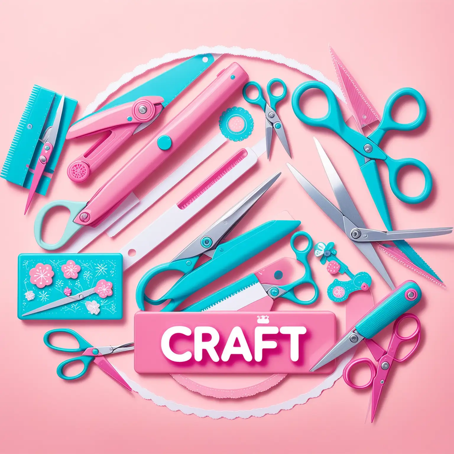  craft logo, scissors, cutting machine, pink, blue designs, picture of a woman crafting, 