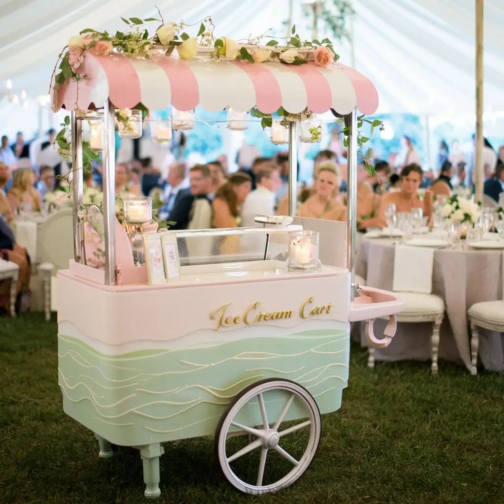 imagine pink, white, and light aqua green ice cream cart during a wedding