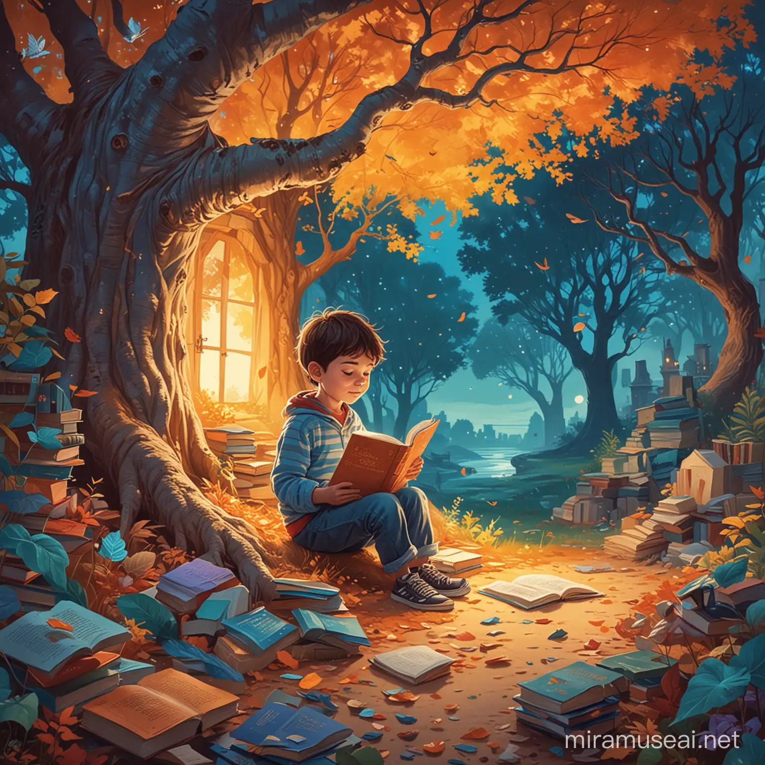 The poster features a vibrant and captivating scene that celebrates International Children's Book Day. The central focus is on a child engrossed in reading a book, showcasing the transformative power of literature. The background is filled with colorful illustrations depicting various imaginative worlds from different stories, emphasizing how books can create whole new worlds of wonder and possibility.  Visual Elements: 1. Child Reading: At the center of the poster, a child (around 8-10 years old) is shown sitting in a cozy corner or under a tree, completely absorbed in a book. The child should have a look of fascination and joy while turning the pages.  2. Books as Portals 3. Imaginative Worlds 4. Warm Lighting: .  5.Color Palette:Consider incorporating shades of blues, 