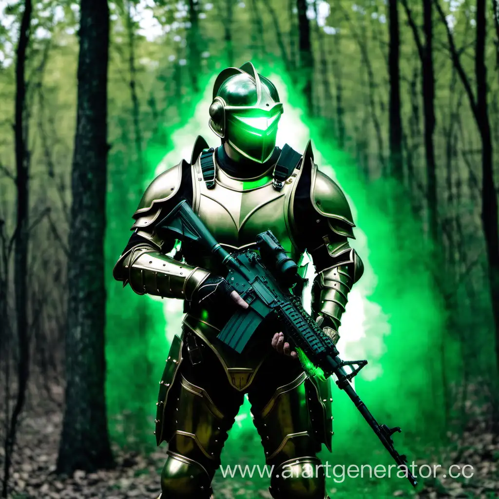 Мужчина в броне с винтовкой и зелёным светом на фоне леса