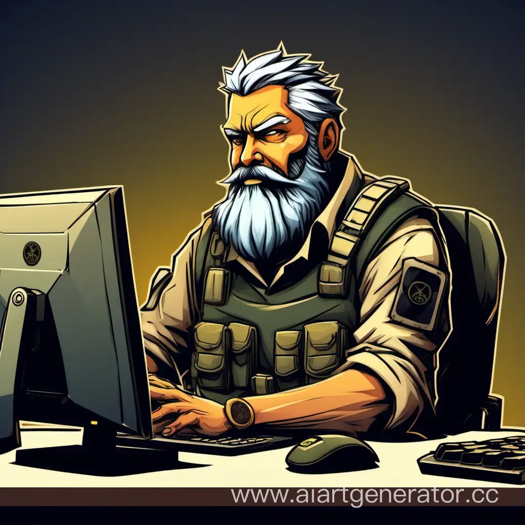 Персонаж c бородой в возрасте, который сидит за компьютером, стилизация Counter-Strike задний фон