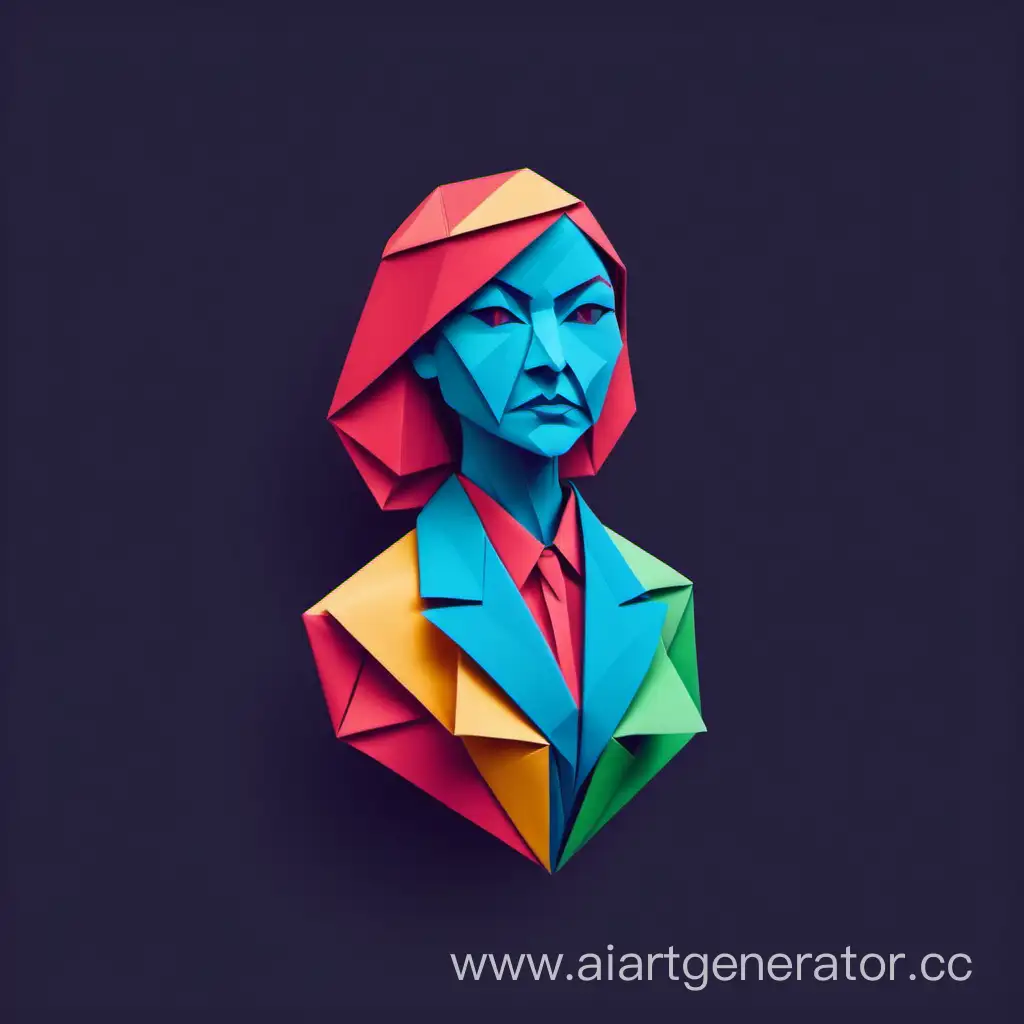 Simple logo of a business woman standing three colors, made of a origami.