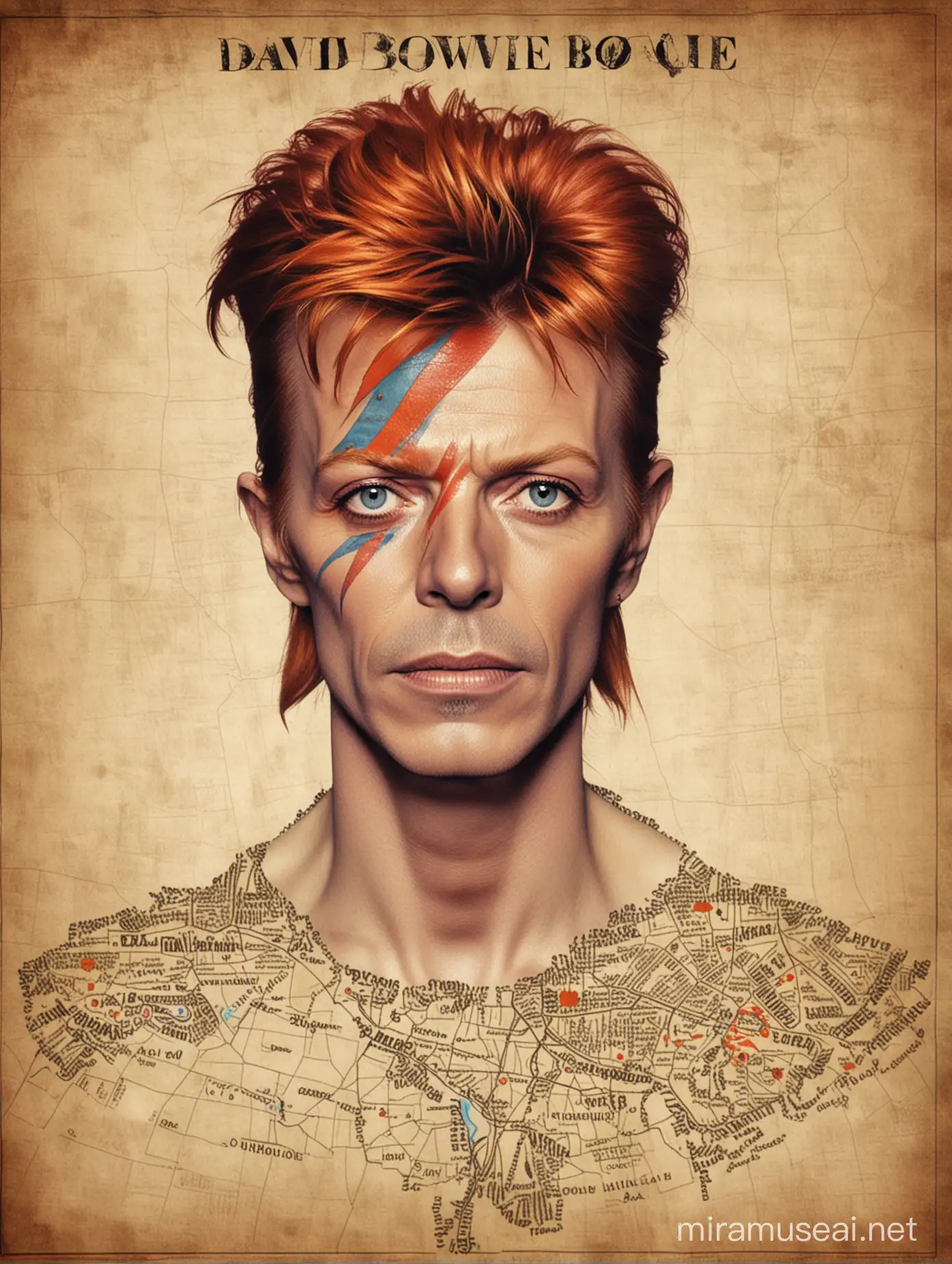 David Bowie Inspired World Map Art Cosmic Cartography Featuring Iconic Symbols and Imagery