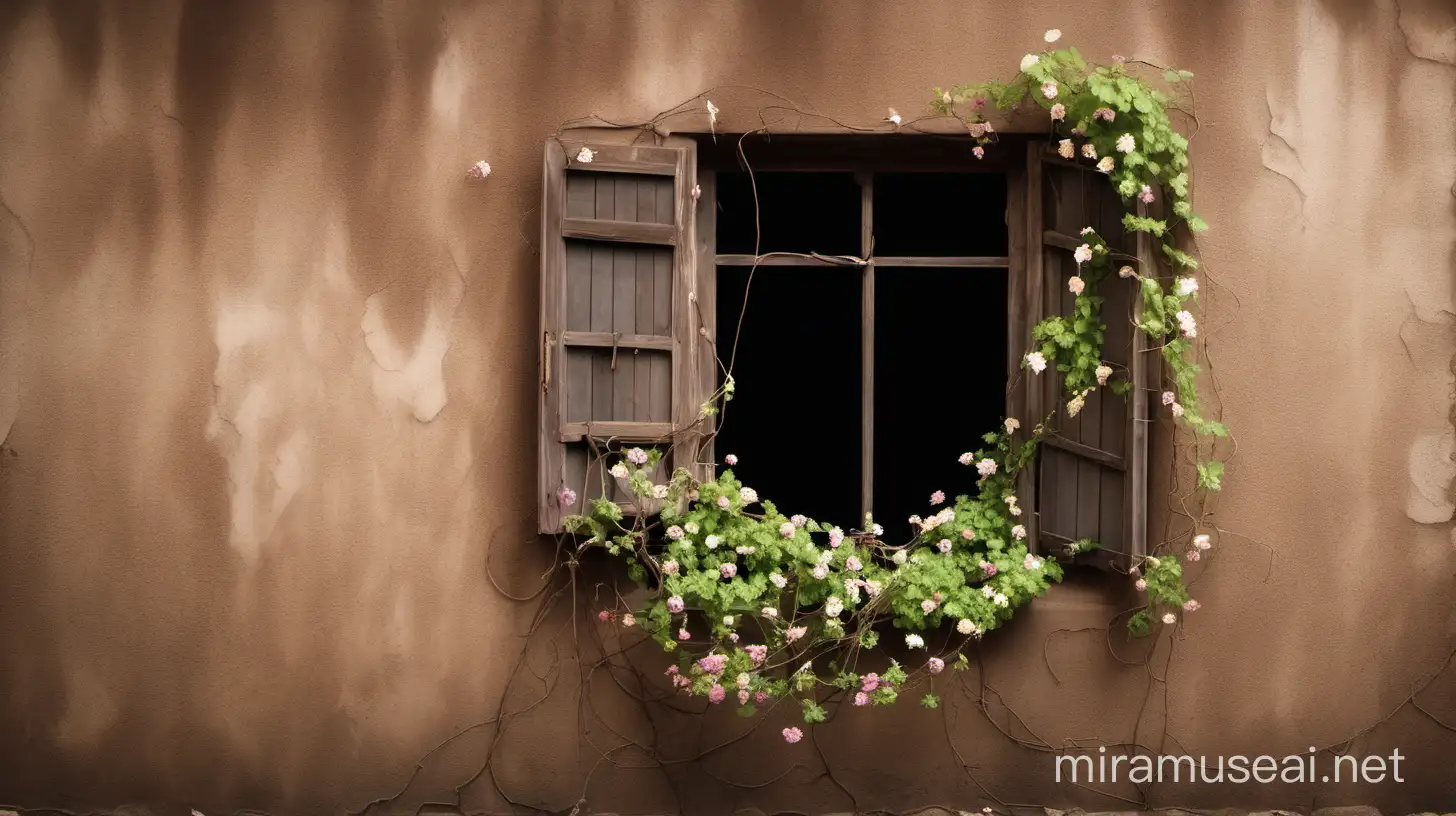 fondo fotográfico.  enredadera con flores cayendo de pequña 
 ventana sobre pared marrón rustico

