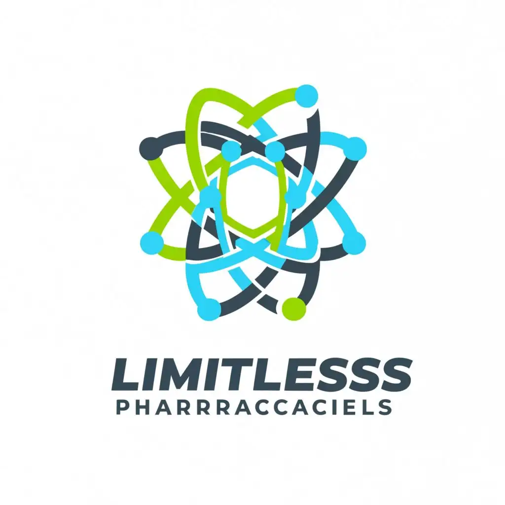 logo, Blue and green atom, with the text "Limitless Pharmaceuticals", typography, be used in Sports Fitness industry
