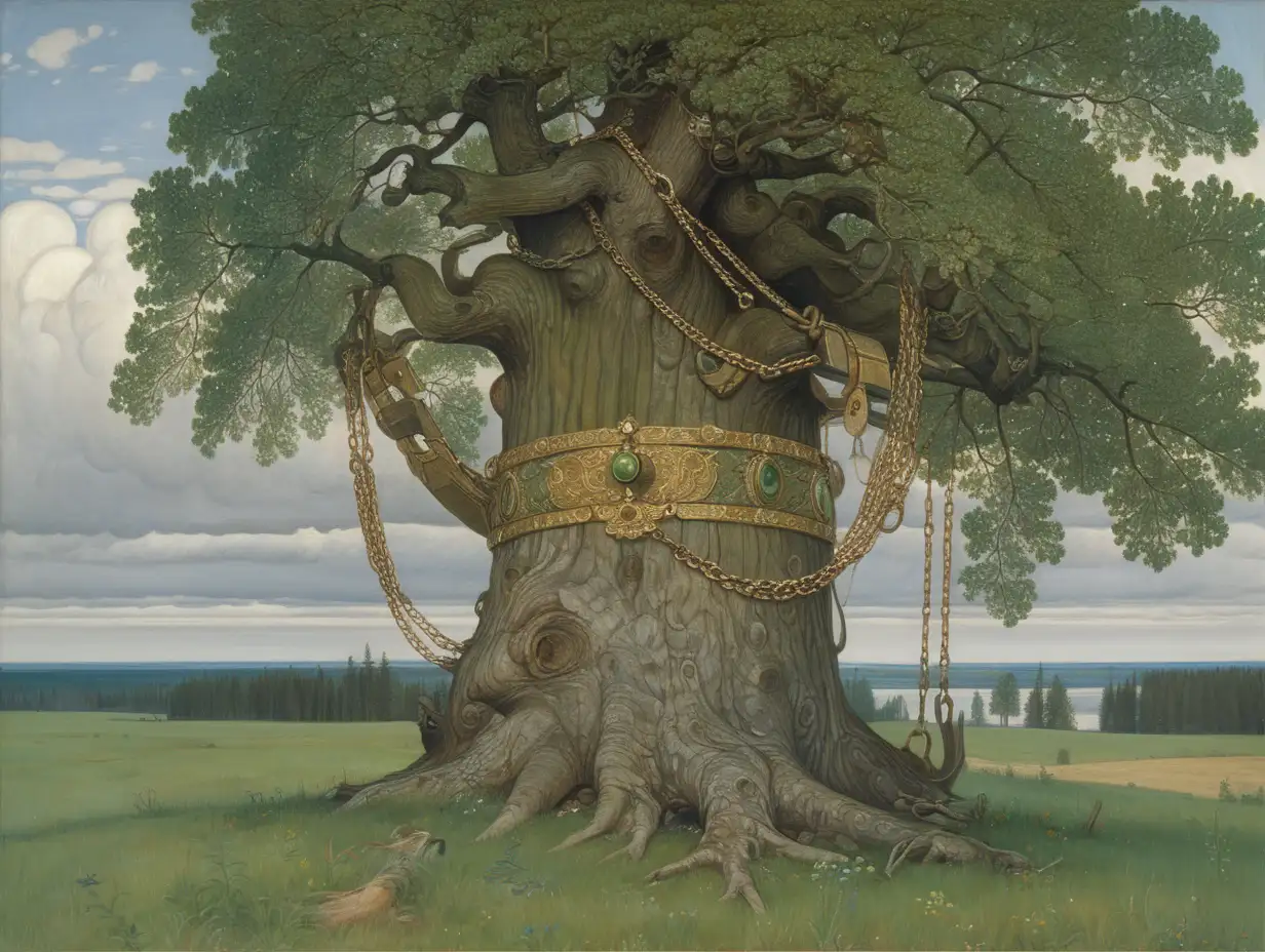 style by Vasnetsov, the Lukomorye has a green oak with a gold chain on the trunk