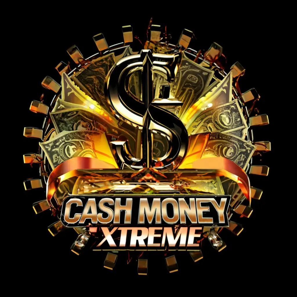 a logo design,with the text "Cash Money Xtreme", main symbol:Lifelike Dollar Bills colors:gold in highlights and saphire red background