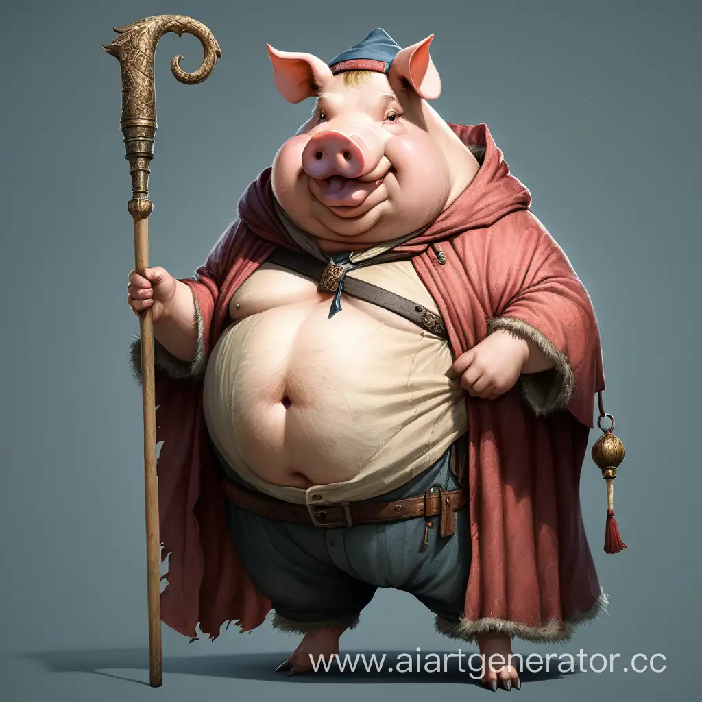 Огромная,высокая,жирная свинья,с посохом,в какой то одежде по типу тряпки и в плаще