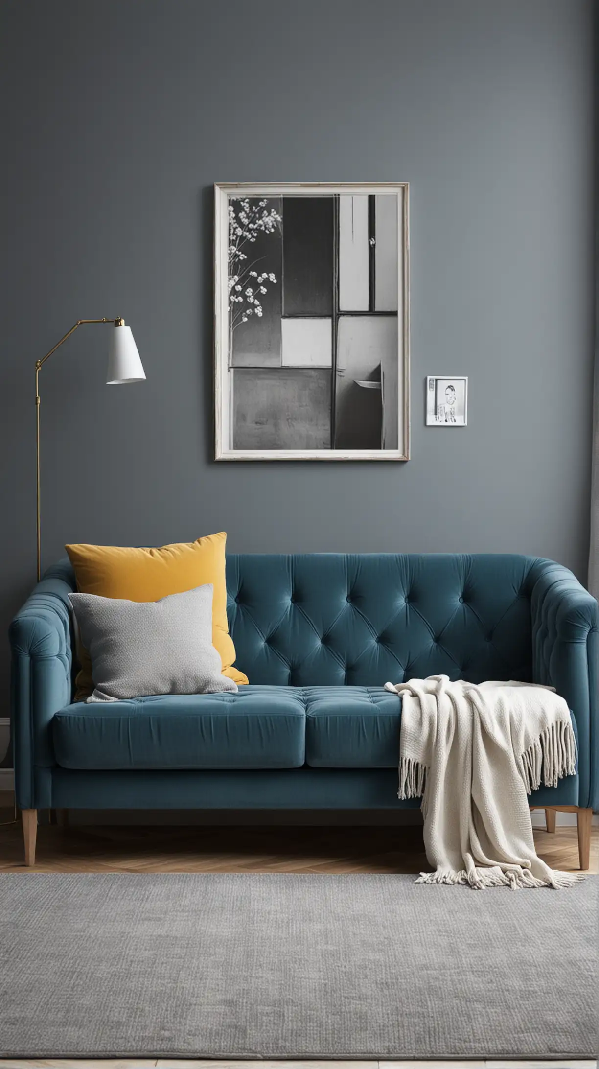 Create picture for Blue Couch Living Room and make sure it should be attractive and realistic. Make sure that every single object in the picture should be clear means full overview of the idea not a single object. Here's the idea to create the picture [Bold Backdrops

Painting the walls in bold colors like mustard or dark grey makes the blue couch pop. It’s a dramatic look that draws attention.]