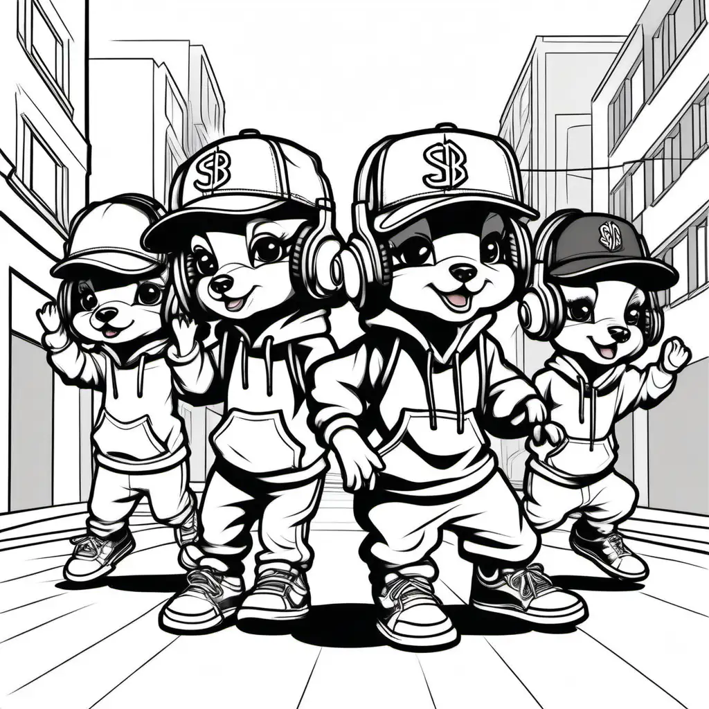 three cute Hip Hop female puppies with hats sneakers and headphones break dancing with children in the street, clear lines no shading, coloring pages 