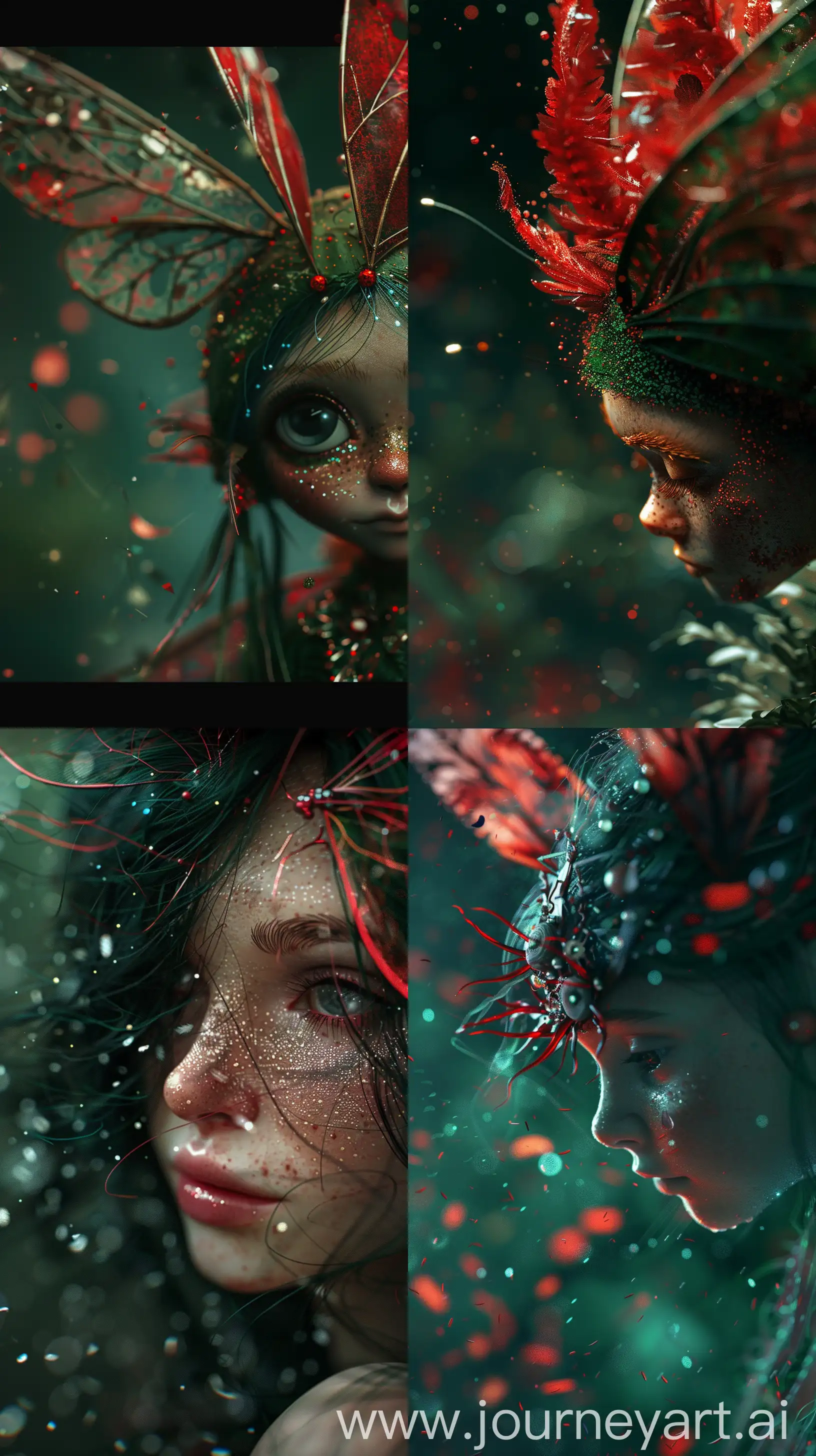 close up from a cute fairy from another world,  dark green, red, surreal background, partickles, ultra realtistic, high detail, sharp focus, high quality render,  8k --ar 9:16