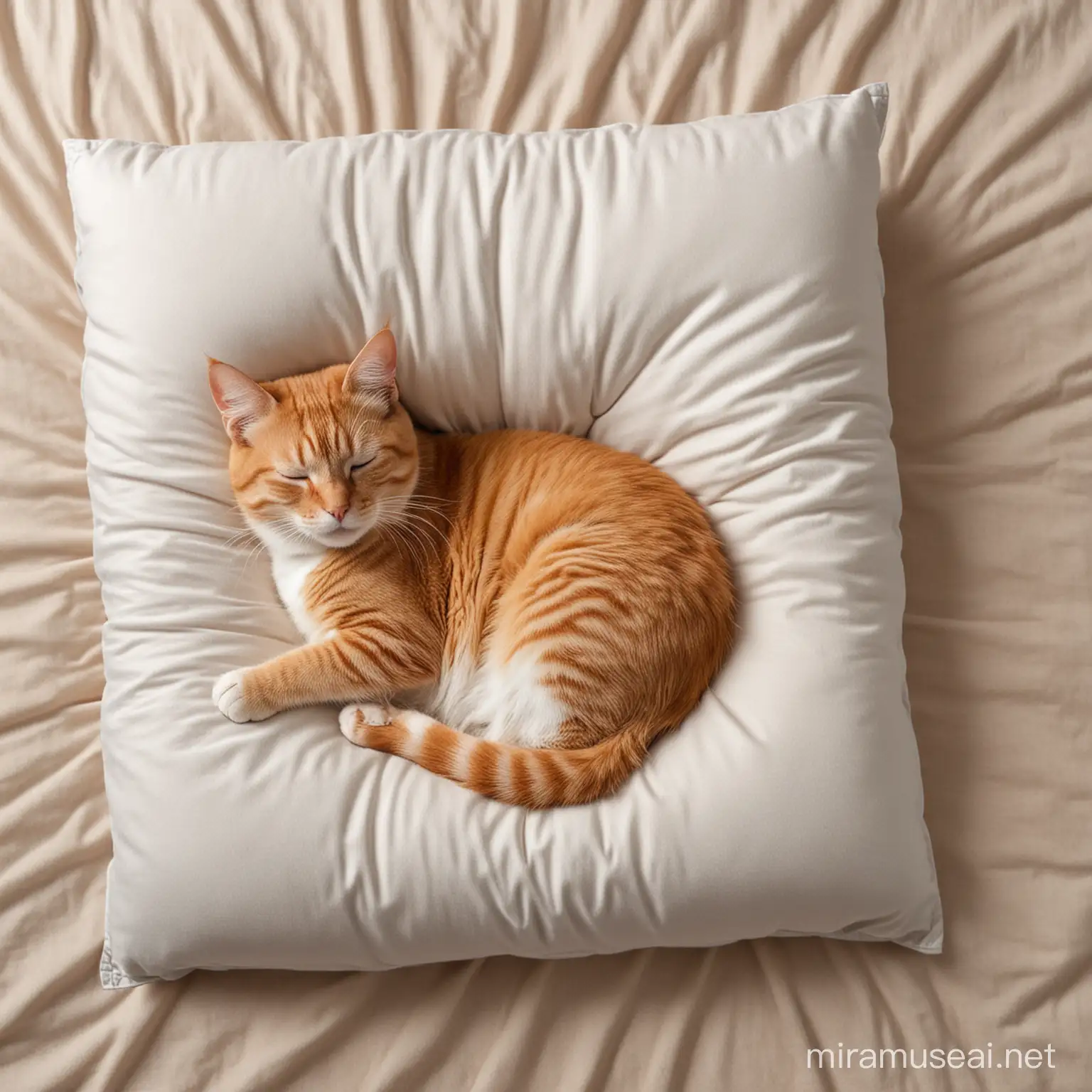 Кот лежит в мягкой подушке, животом вверх, спит, отдыхает, вид с верху
