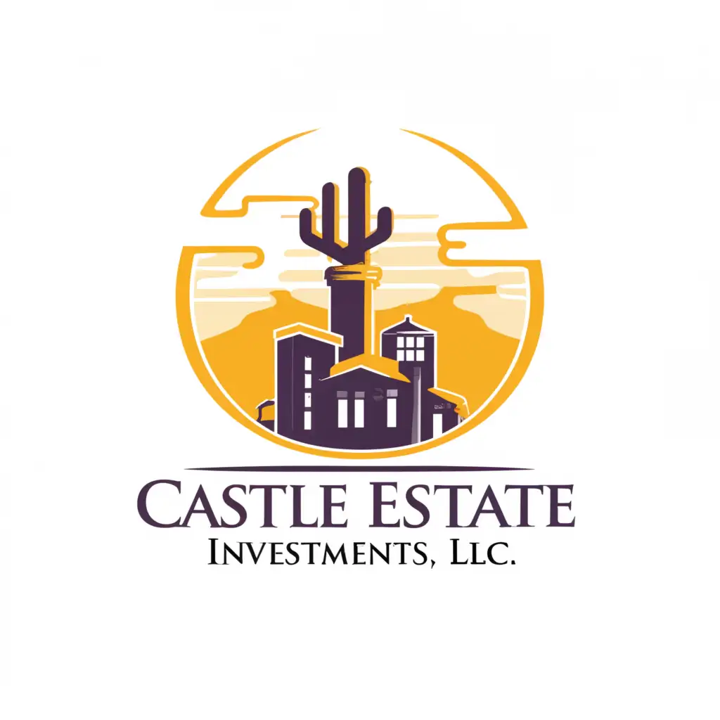 a logo design,with the text "CASTLE ESTATE INVESTMENTS, LLC", main symbol:Arizona landscape with building, saguaro cactus, purple, yellow, orange,complex,be used in Real Estate industry,clear background
