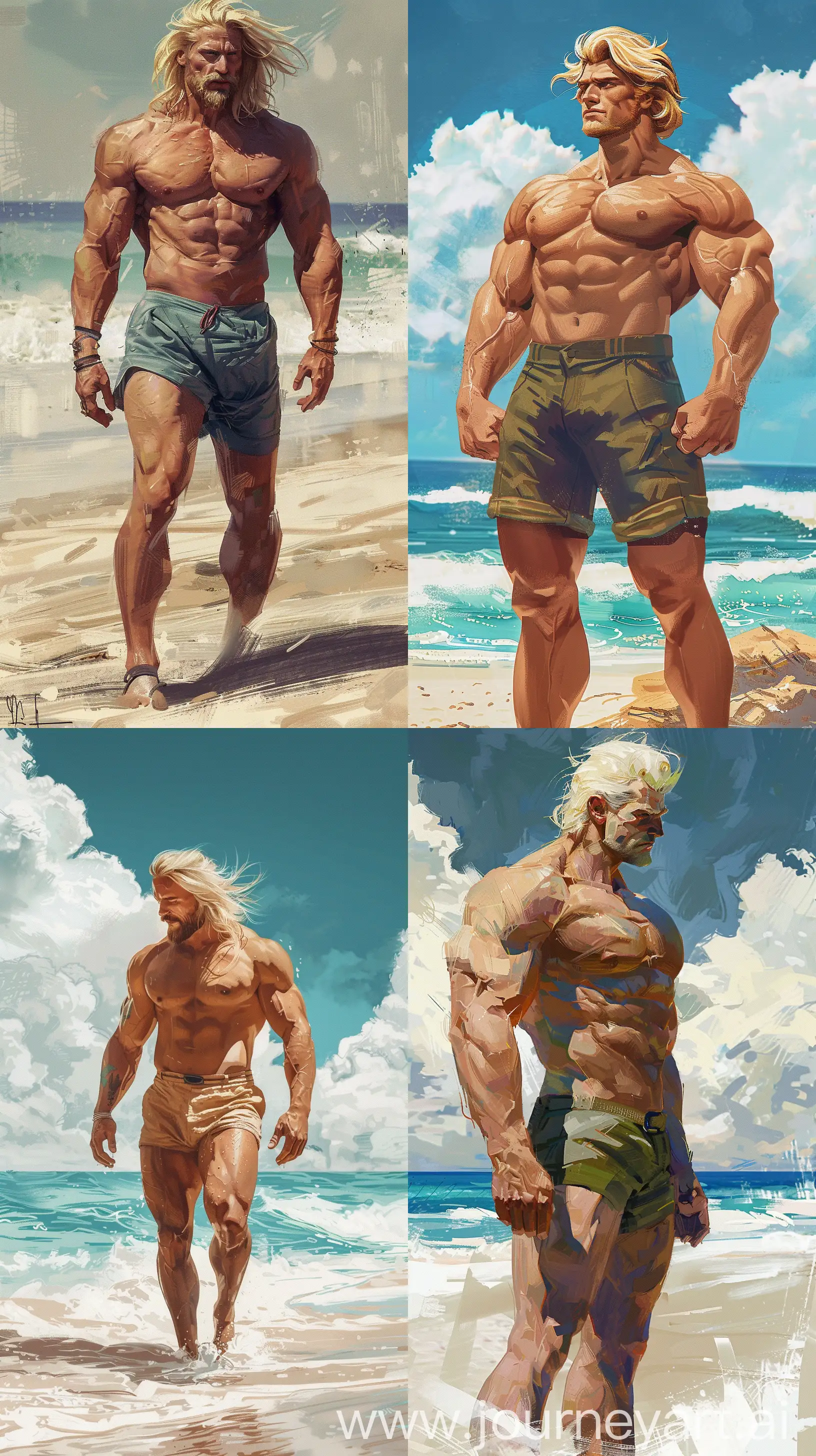 50YearOld-Handsome-Blonde-Man-Exuding-Strength-at-Beach-Jean-Jullien-Art-Style