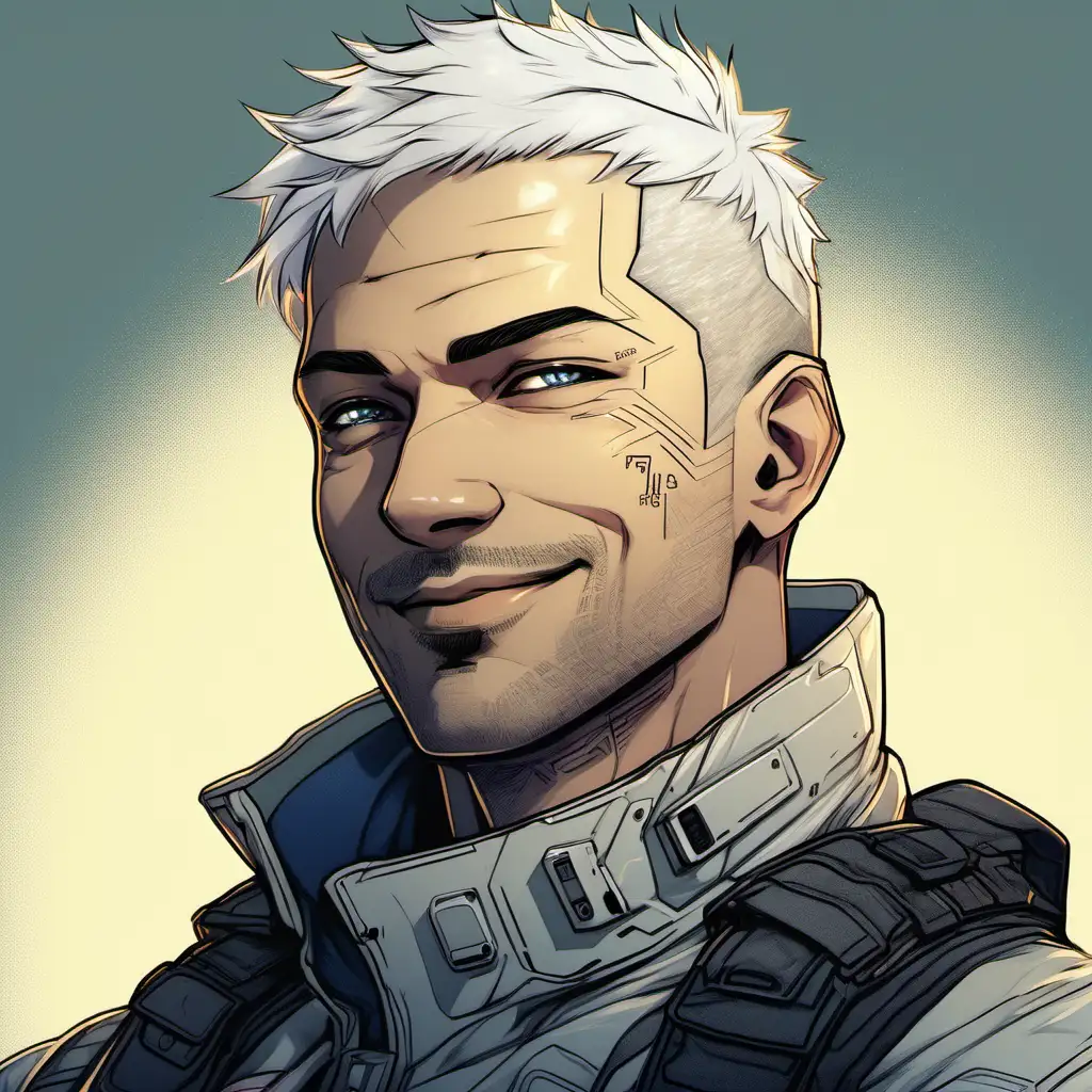 Friendly Cyberpunk Soldier Portrait with White Hair and GrayBlue Eyes