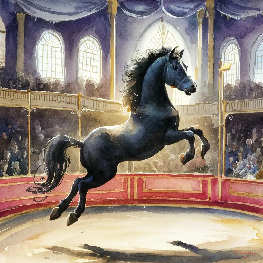 a beautiful black pony flying in a beautiful circus venue with balcony, high windows lets the sun into the manege, watercolors , modern painting, Edgar Degas style 