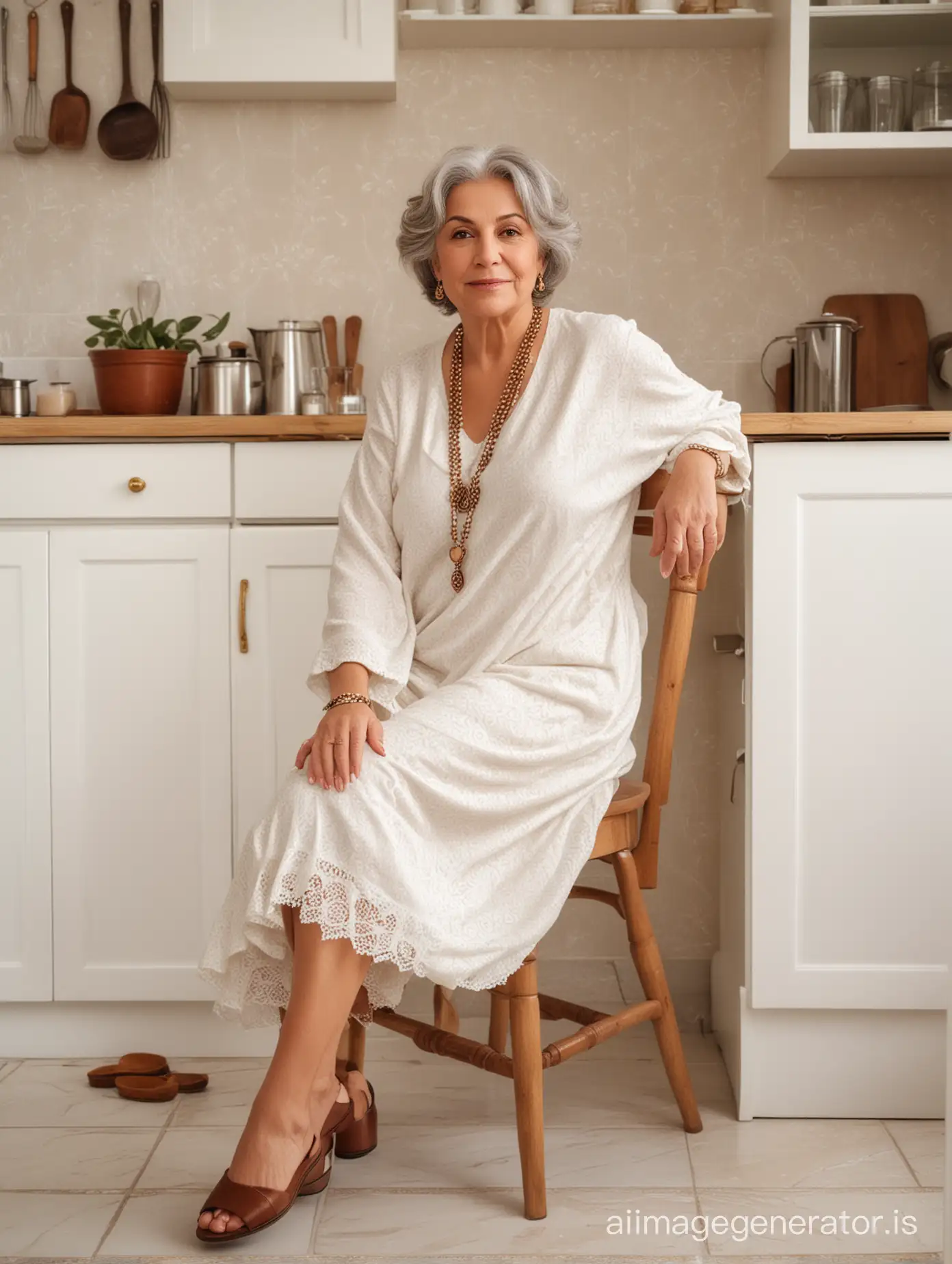 iranian  fat woman 70 years old, white wide cozy dress with beige pattern, brown shoes, brown necklace, white hair, sitting on a chair, in a cozy vintage white kitchen ,full body shot, morning light