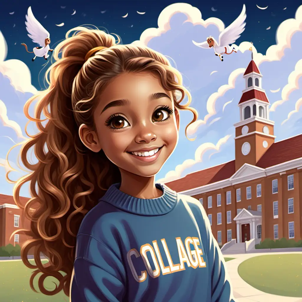 Flat art, children's book, cute, 7 year old girl college girl, tan skin, light hazel eyes looking straight ahead smiling, very long curly brown pony tail , angelic, day, clouds, college building, the word 'college', dream, smiling happy, beautiful, varsity style sweater 