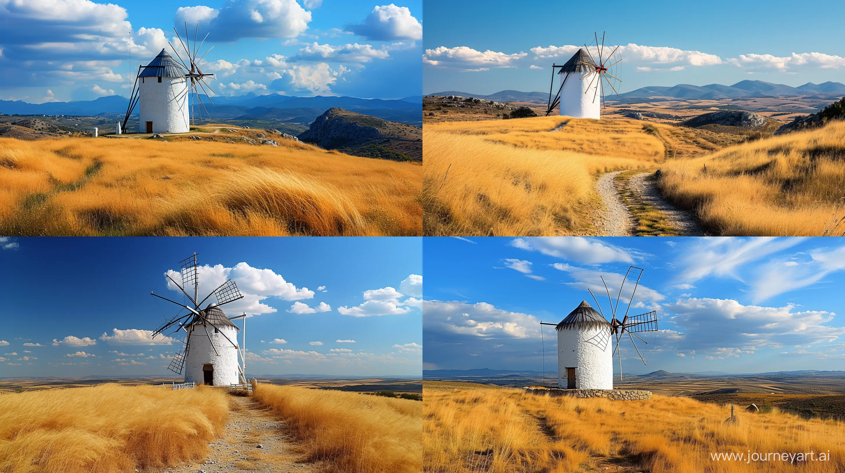 Picturesque-Spanish-La-Mancha-White-Windmill-Landscape