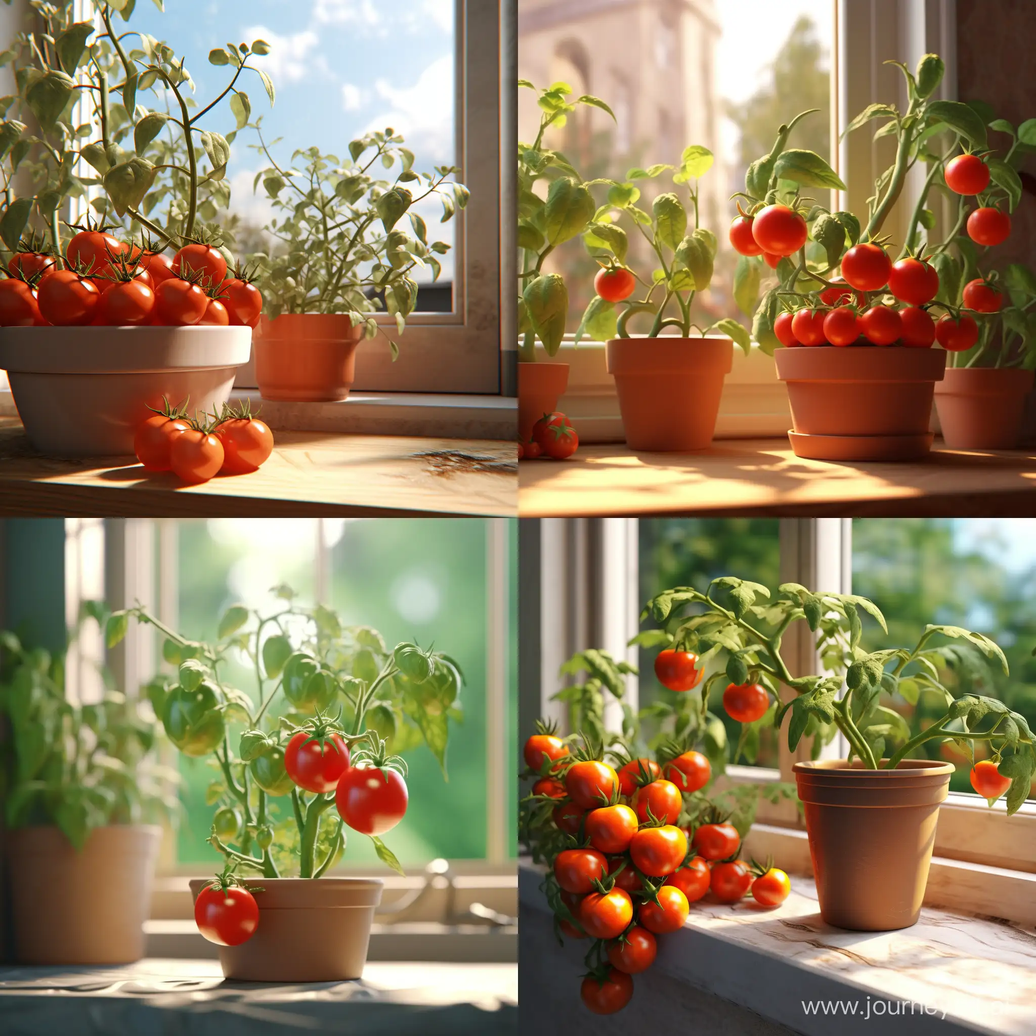 Tomatoes growing in a pot on the windowsill. 3D animation 