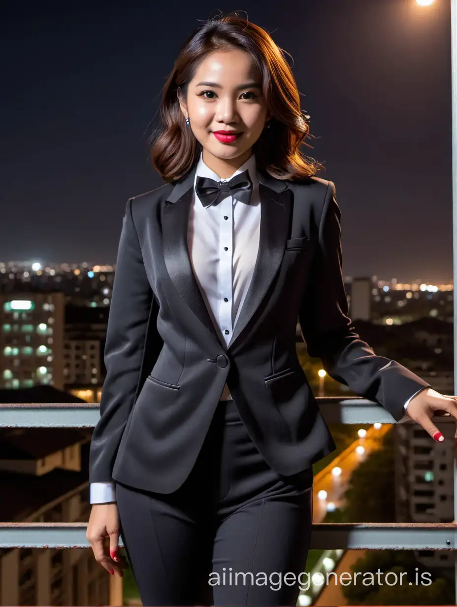 It is night. A cute and sophisticated and confident and smiling Indonesian woman with shoulder length hair and lipstick.  She is facing you while walking toward the edge of a scaffold.  She is wearing a black tuxedo with an open black jacket.  Her shirt is white.  Her bowtie is black.  Her cummerbund is black.  Her pants are black.  Her cufflinks are black.  She is relaxed.  Her jacket is open.  She is waving at you.