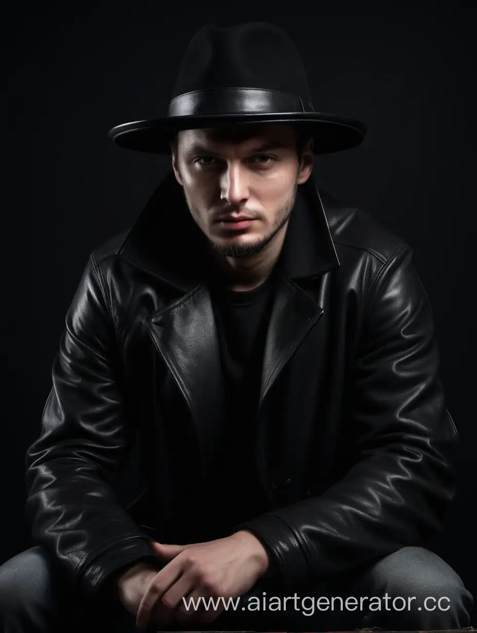 Русский мужчина 30 лет в чёрном кожаном плаще и чёрной шляпе и широкими полями он сидит на тёмном фоне наверняка это фотосессия.