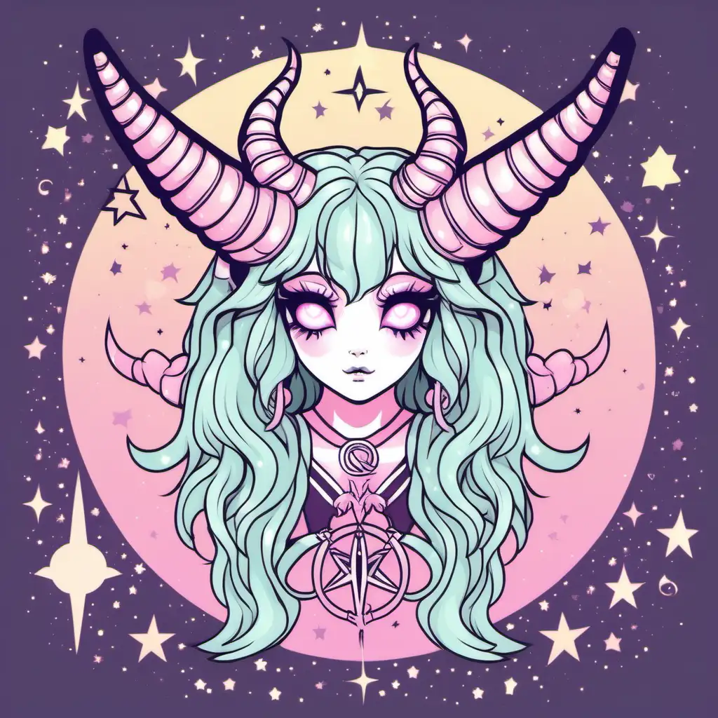 STYLE: flat vector illustration | SUBJECT: Celestial spirit cute Baphomet | AESTHETIC: pastel goth | COLOR PALLETTE: pastels | IN THE STYLE OF: kawaii,  anime