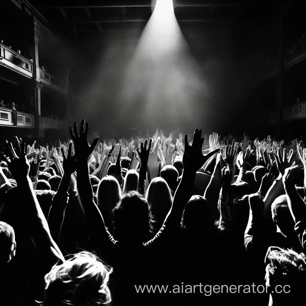 a crowd of people in a dark hall rejoice with their hands in the air and look at the stage