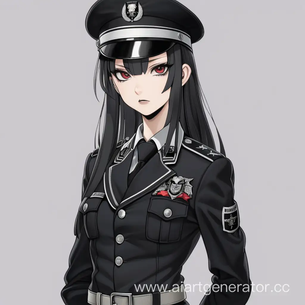 A girl dressed in an officer's uniform with a black earflap on her head, which depicts a black flag with three white circles that touch each other. Her face is extremely elegant, beautiful and even, her skin is smooth and soft. On her body she is wearing a rather short uniform that matches her body, which has white and gray colors and an inscription on the chest where it says “Klibli-Kharaa”, black trousers and black military boots on the belt. Her eyes are scarlet, she has sharp fangs, shorter than those of a vampire, but longer than those of a human. the figure is slender and neat, the hair is black and reaches right up to the knees in length. She is Nekomimi. looks about 14 years old