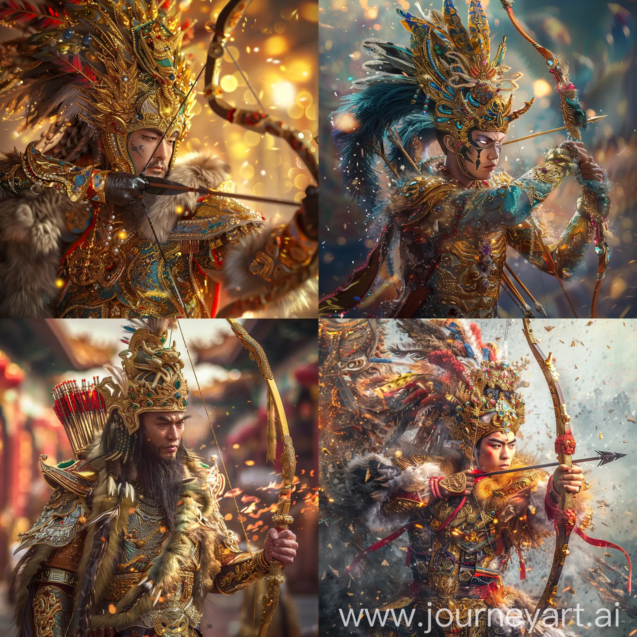 create. fantasy realistic Tajik wrestlers  King heroes rising armor heroes arrow Dragon Bow  dragon aura fire, Sun Wukong movie cinematic planet land of the apes bokeh The celestial ruler in 'Royal Regalia', clad in opal gold and encrusted with gems, phoenix feathers and furs of exotic birds adorning their elaborate headdress. Nikon D850 highly detailed digital painting elegant dof extremely detailed Award winning photography bright studio setting studio lighting intricate 8k 4k very attractive beautiful high detail dynamic lighting wallpaper award winning imperial colors fantastic view ultra detailed colourful matte background acrylic art watercolor --ar 1:1 --style raw