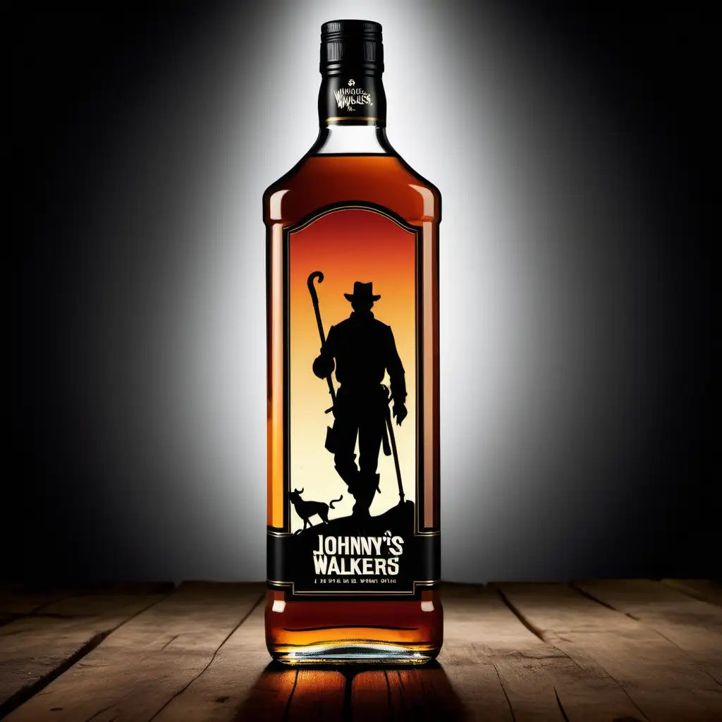 can you make a bottle whiskey with the label "Johnny's Walkers" and the logo is a silhouette of a male rambler with a walking pole