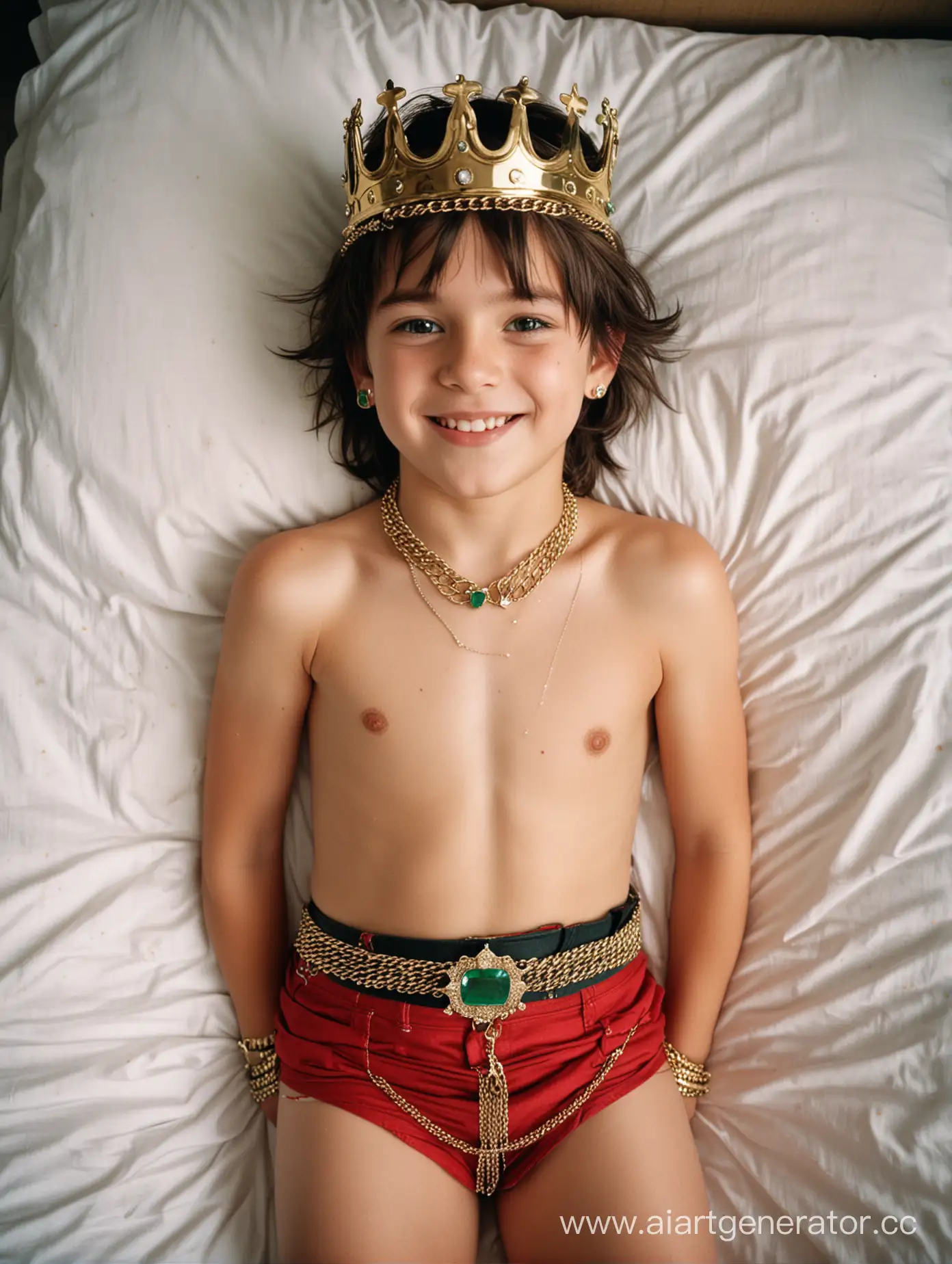 Adorable-7YearOld-Boy-Dressed-in-Extravagant-Finery-Lying-on-Bed