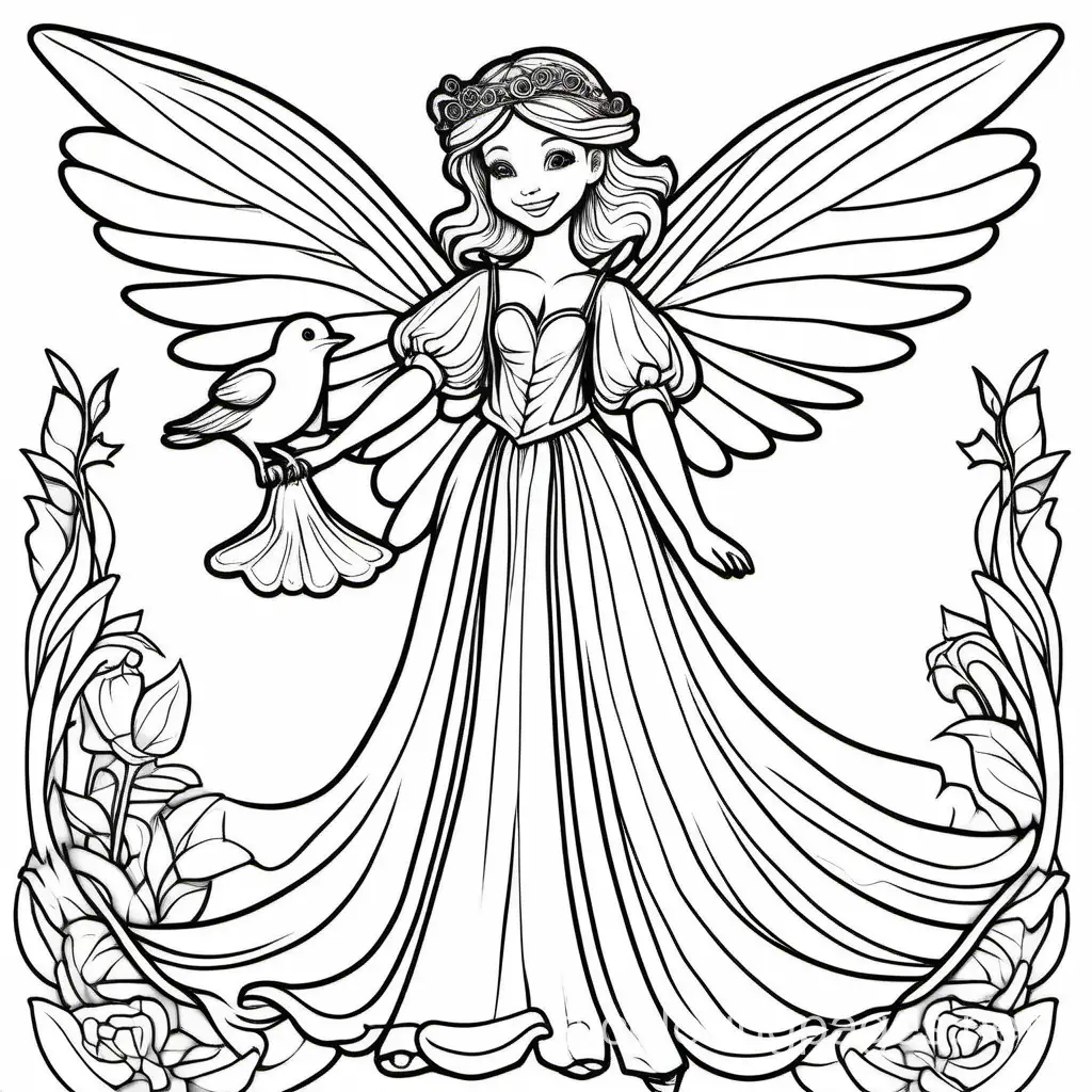 Thick black line white background only, no grey, for a coloring book, A pretty smiling fully dressed, and elegantly dressed in a nice outfit fairy with wing at her back. The fairy is holding a cute little bird.  Full view. Only black and white colors, Coloring Page, black and white, line art, white background, Simplicity, Ample White Space. The background of the coloring page is plain white to make it easy for young children to color within the lines. The outlines of all the subjects are easy to distinguish, making it simple for kids to color without too much difficulty