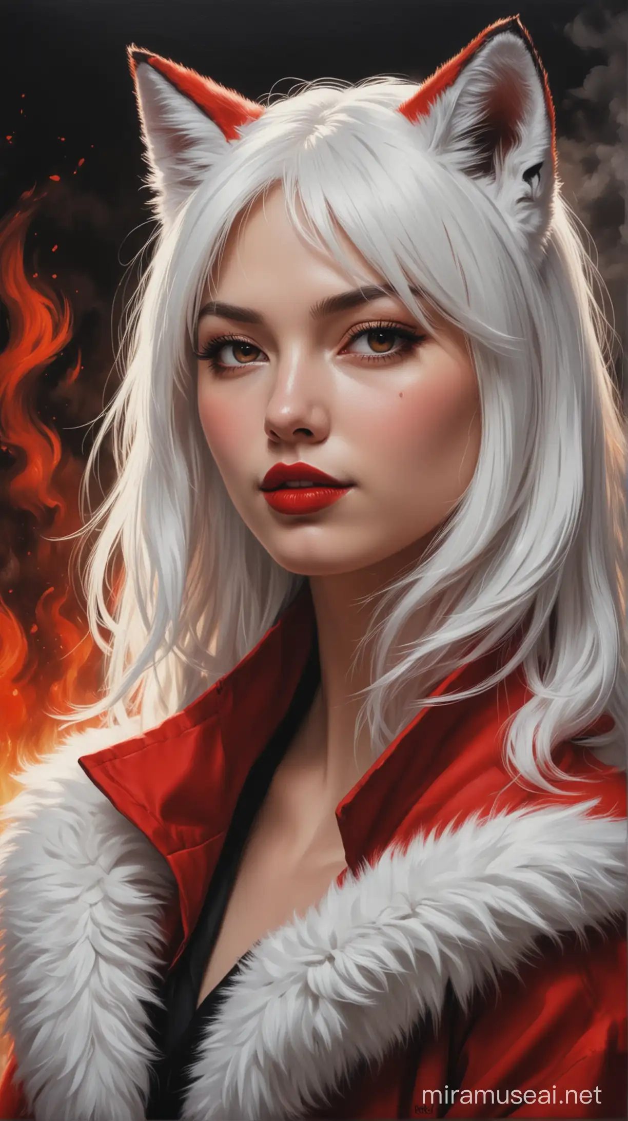 Woman with Cat Ears and Red Lipstick in Red Coat Oil Painting